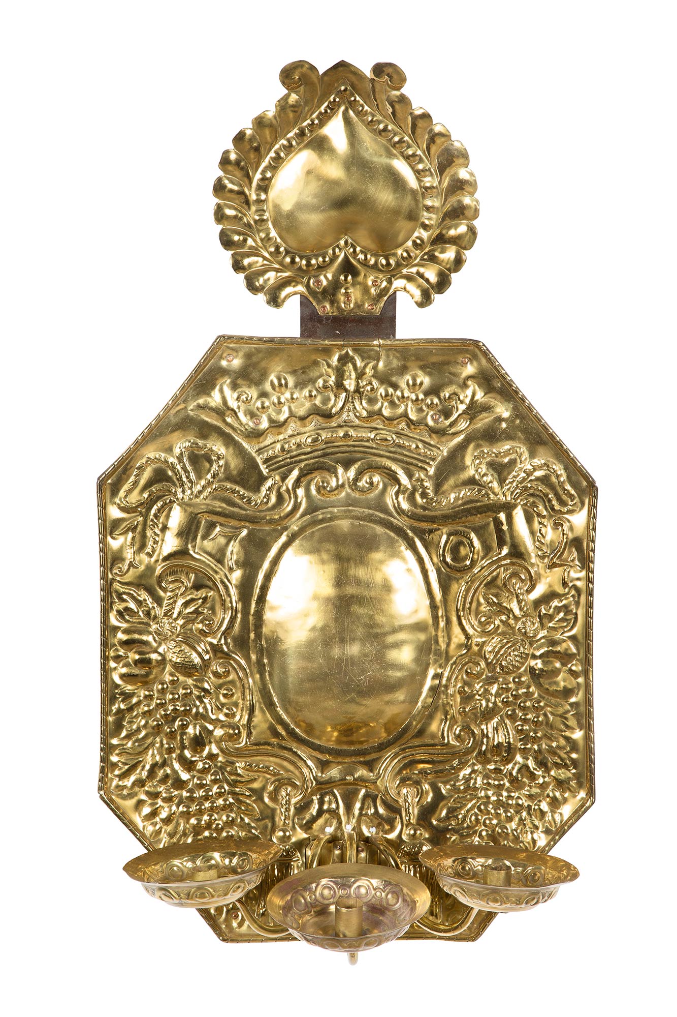 Lot image - Dutch Brass Large Three-Light Wall Sconce