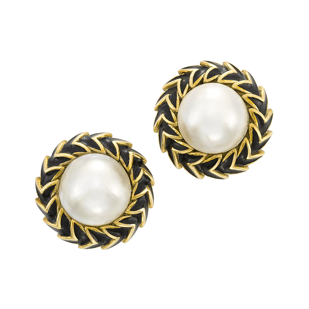 Lot image - Pair of Gold, Mabe Pearl and Black Enamel Earclips, David Webb