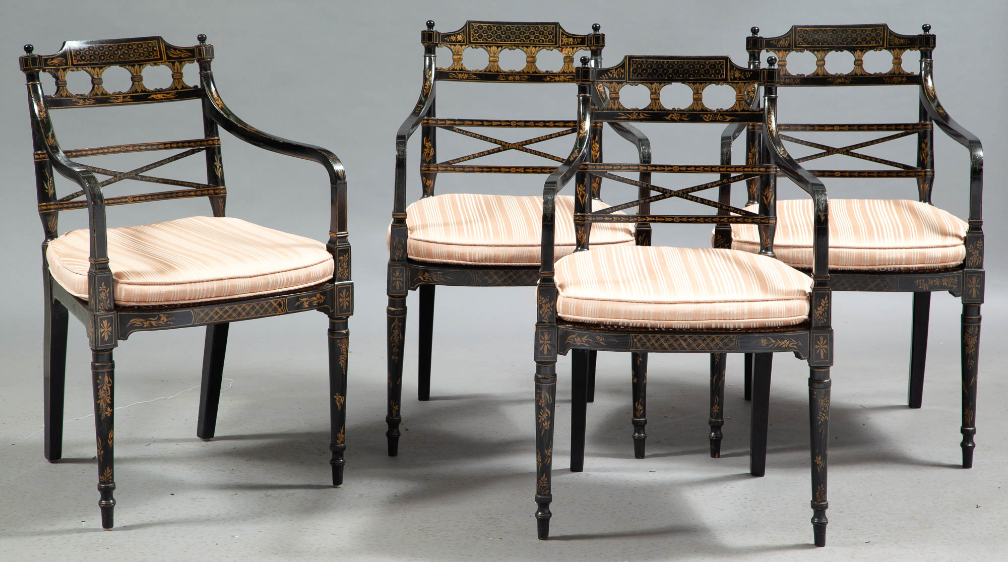 Lot image - Set of Four George III Black-Painted and Parcel-Gilt Armchairs