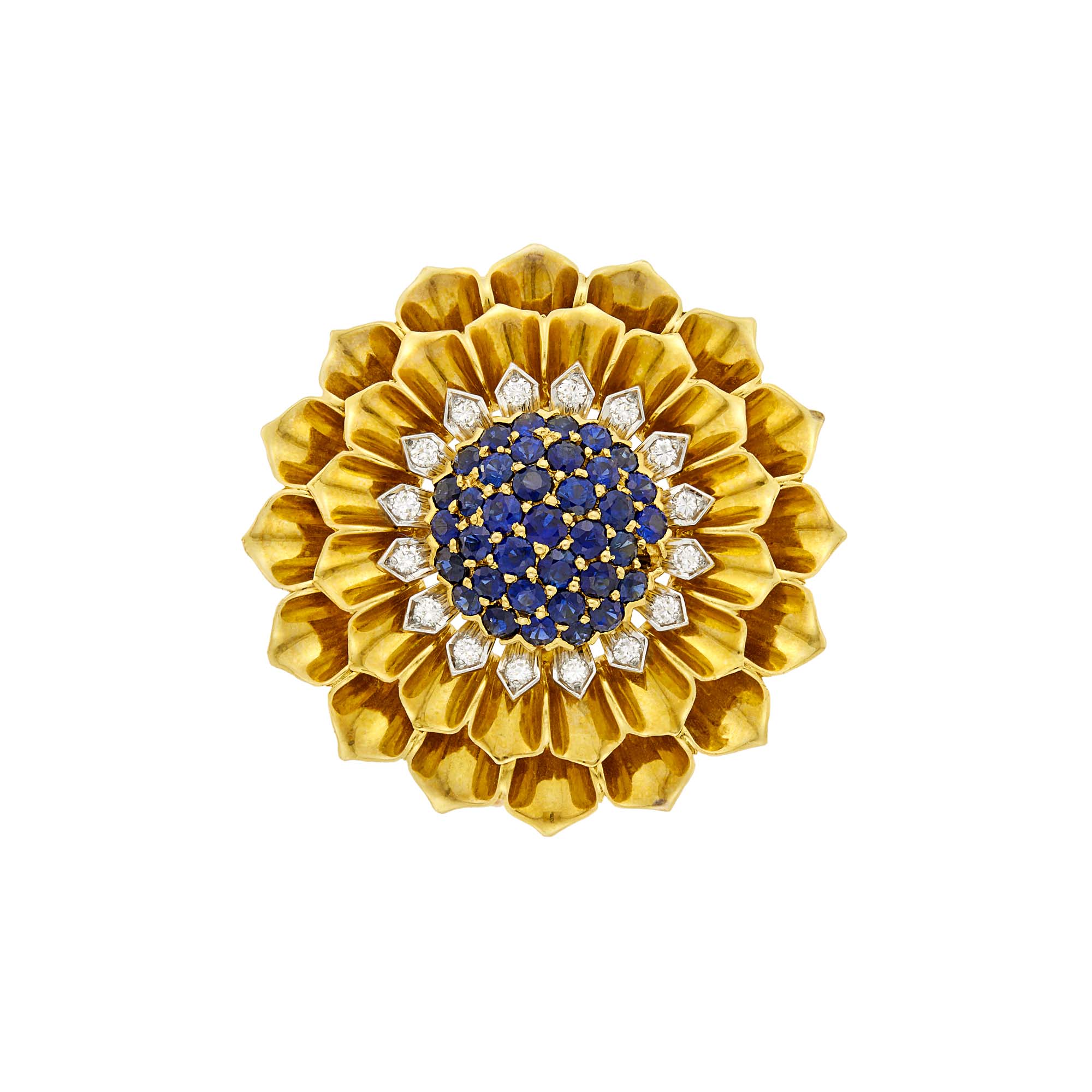 Lot image - Two-Color Gold, Sapphire and Diamond Flower Pendant Clip-Brooch