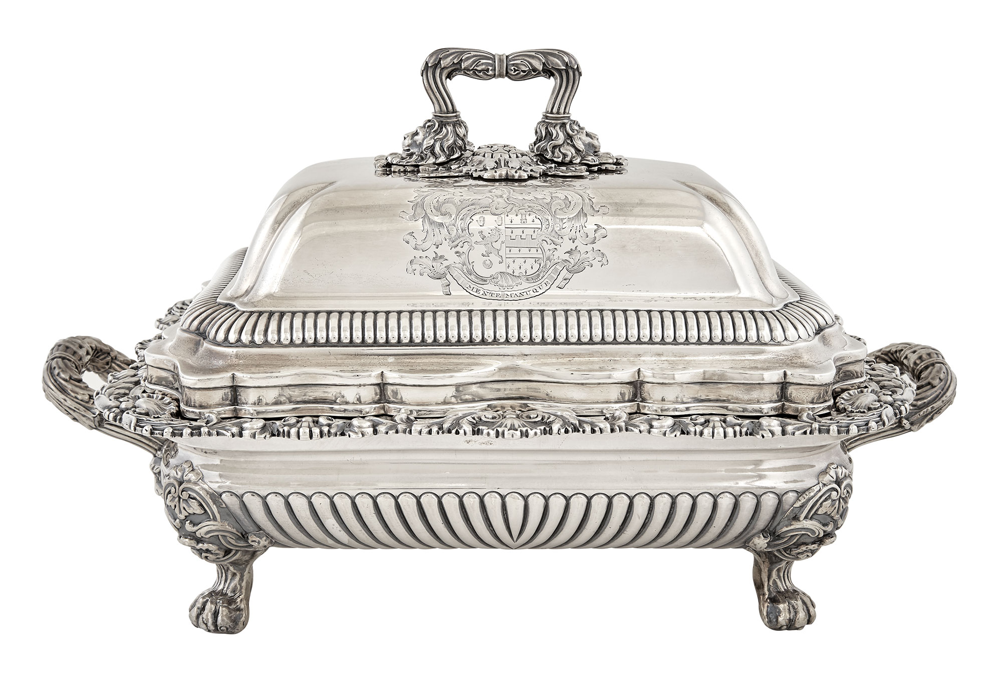Lot image - George III Sterling Silver Covered Entree Dish on Sheffield Plate Warming Stand