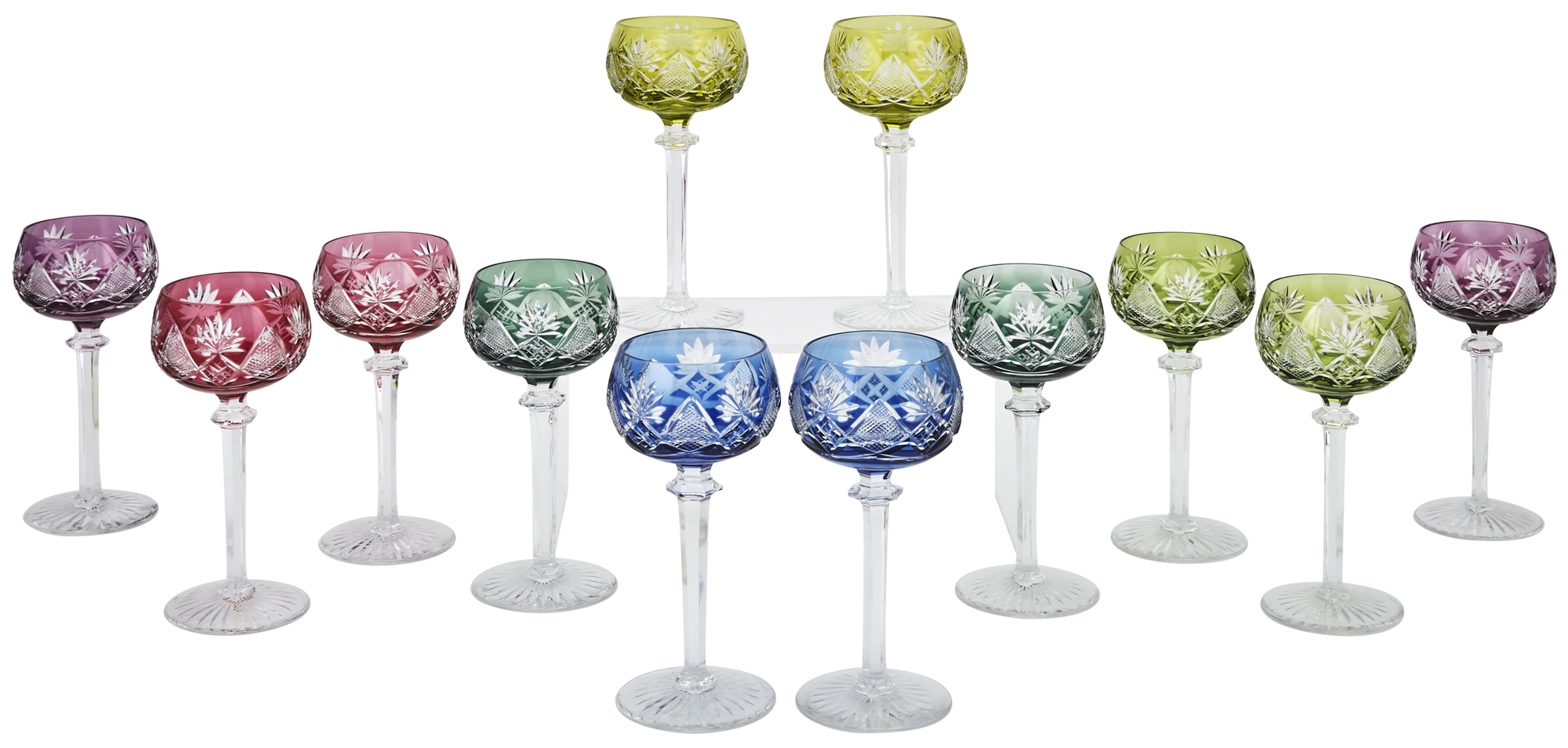 Lot image - Set of Twelve Val St. Lambert Colored Glass Overlay Wine Glasses