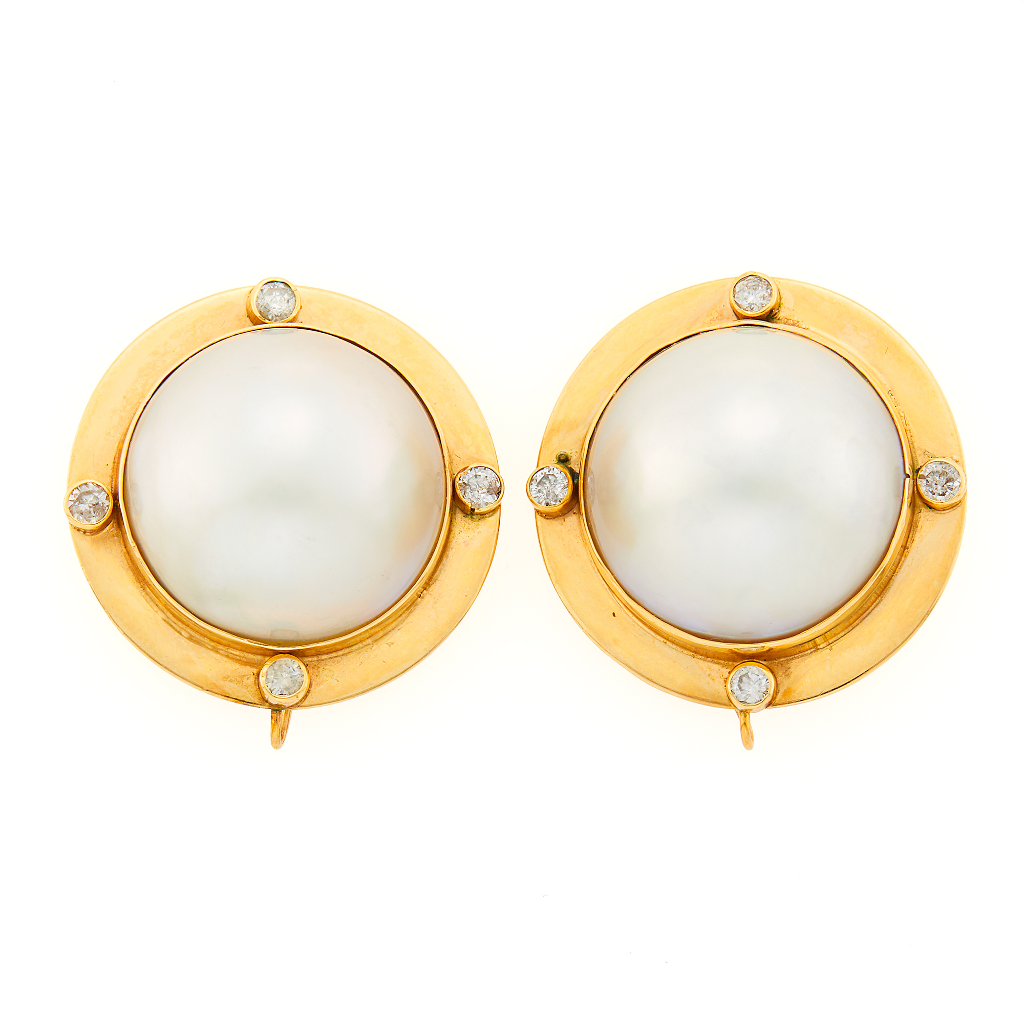 Lot image - Pair of Gold, Mabé Pearl and Diamond Earrings