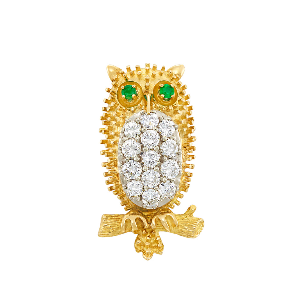 Lot image - Two-Color Gold and Diamond Owl Brooch