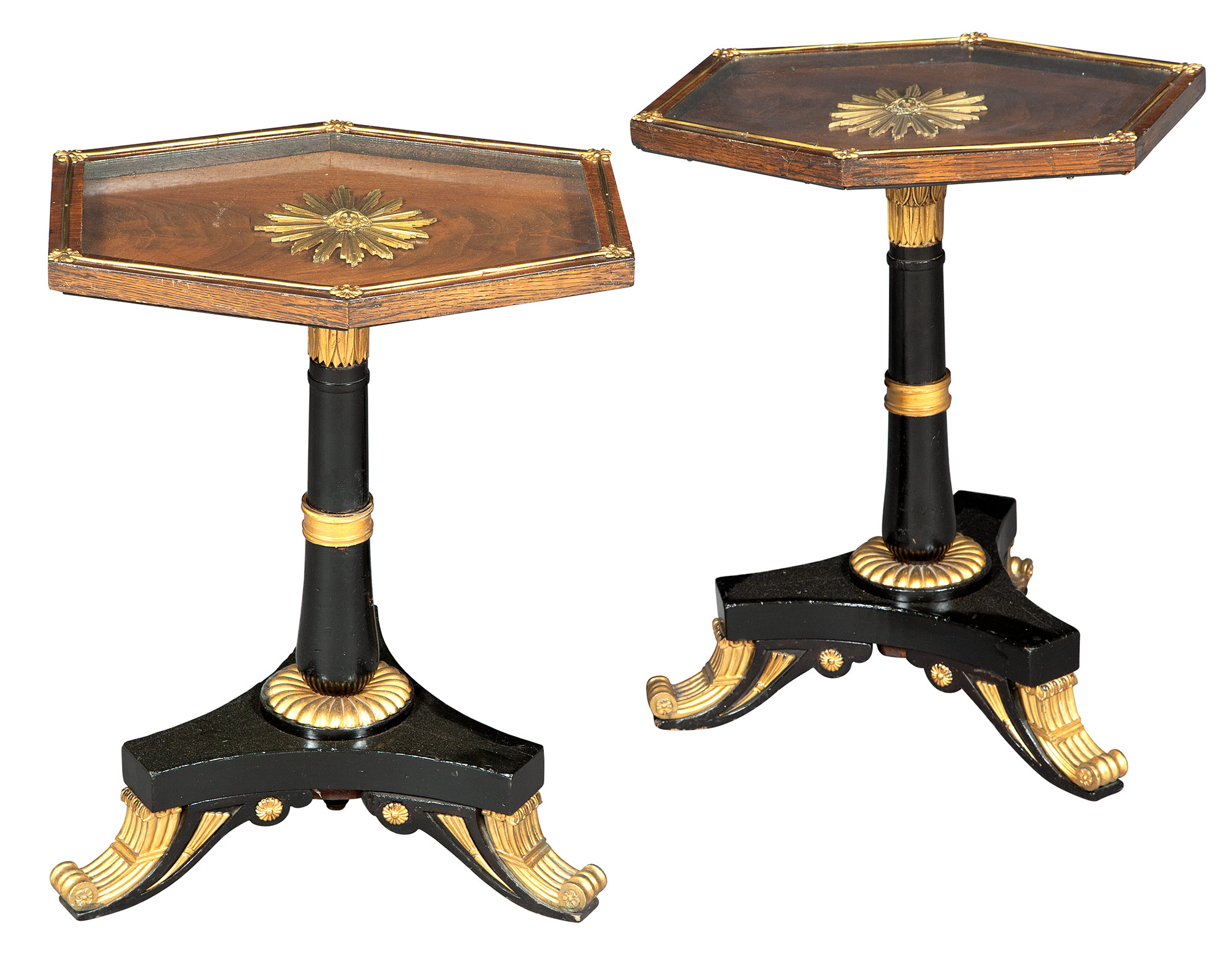 Lot image - Pair of Regency Mahogany, Ormolu-Mounted and Black-Painted Low Tables