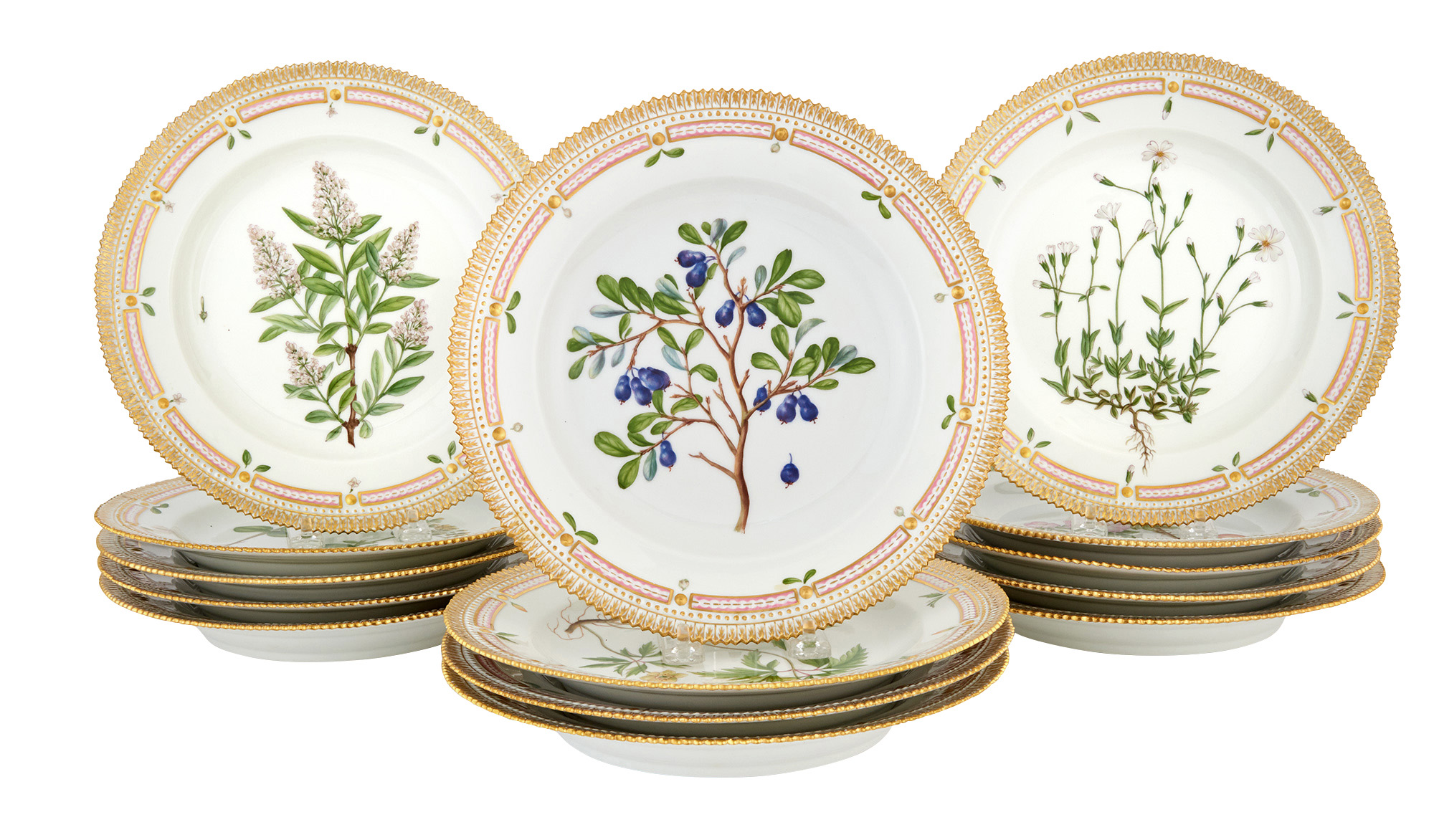 Lot image - Fourteen Royal Copenhagen Porcelain Flora Danica Dinner Plates