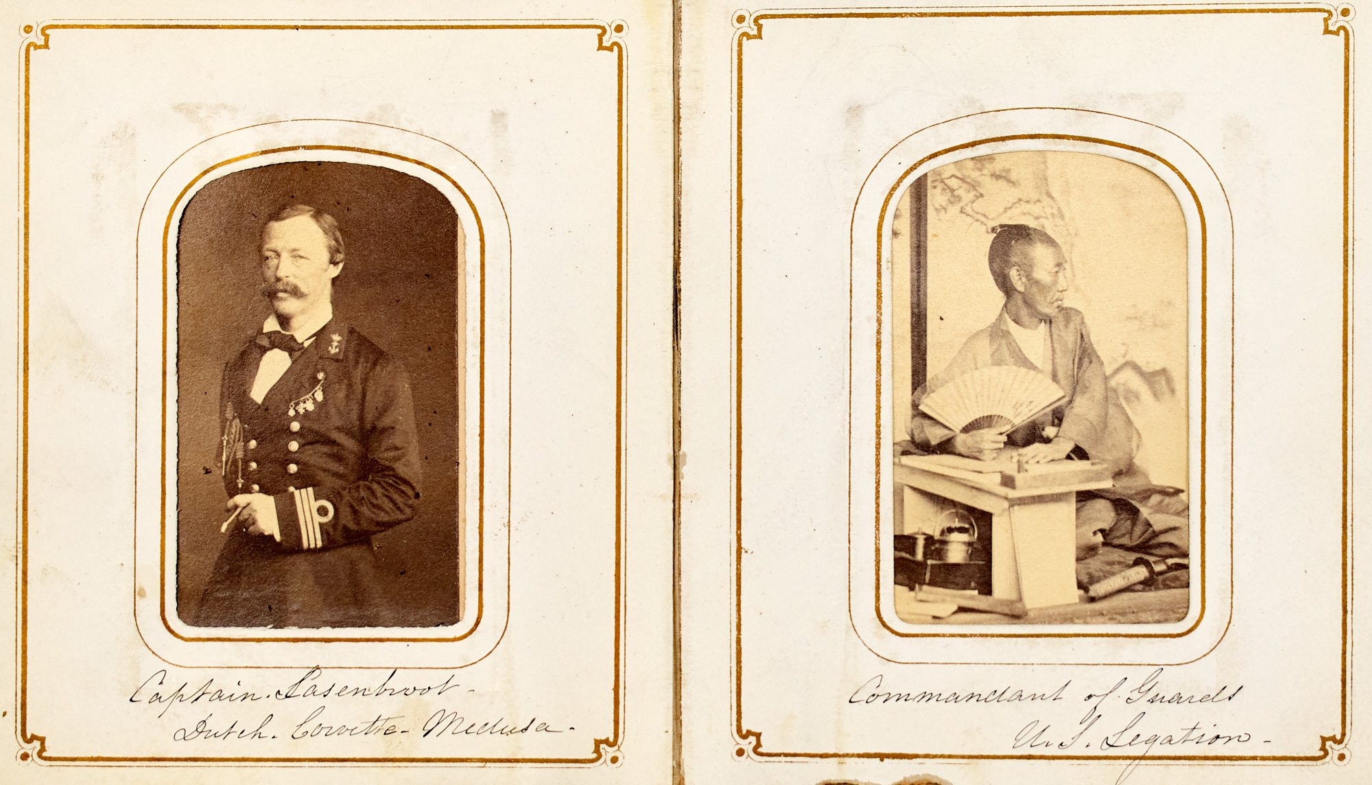 Lot image - [JAPAN]  An exceptionally interesting album of cartes des visites of diplomats stationed in Japan in the early 1860s, interspersed with CDV images of Japanese life.