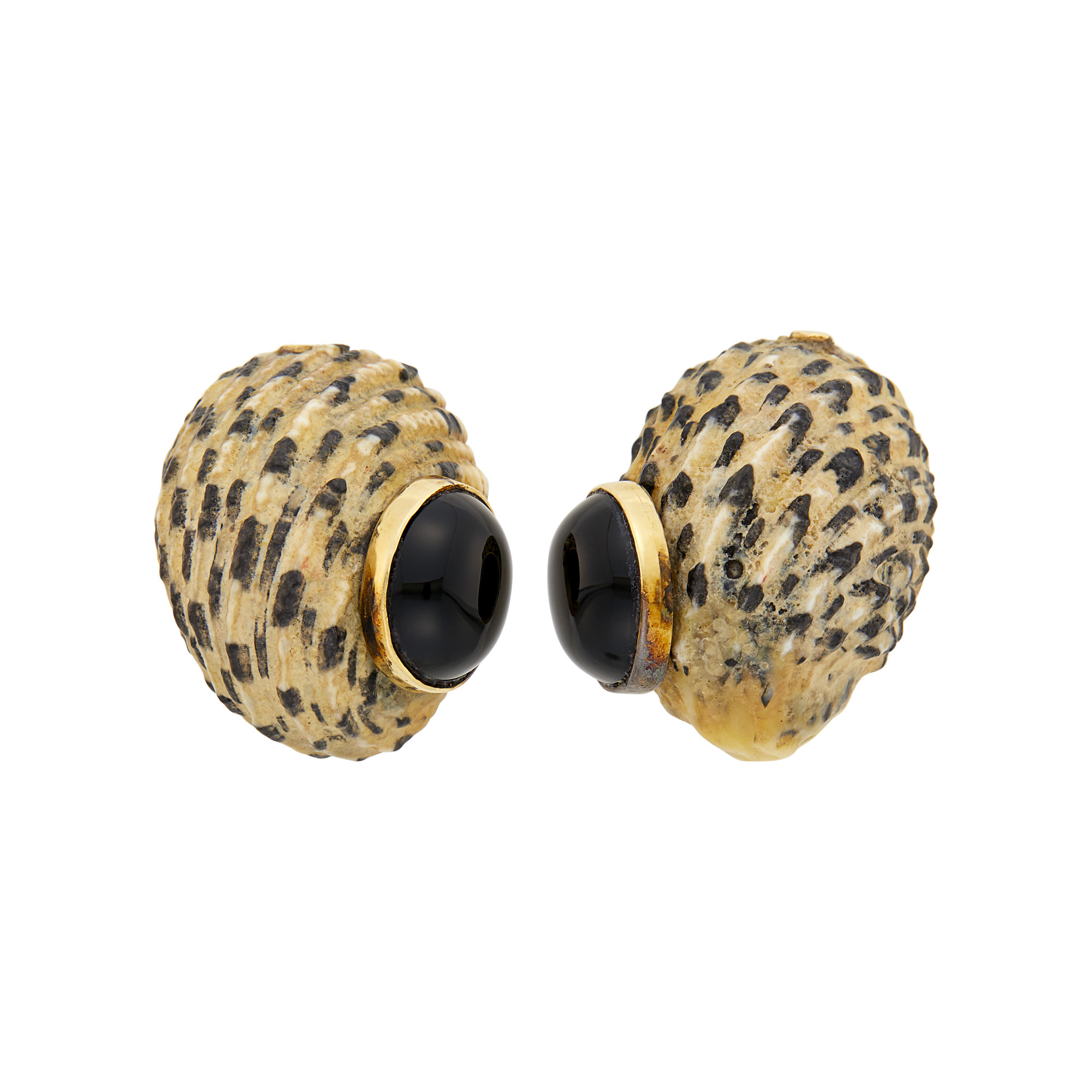 Lot image - Seaman Schepps Pair of Gold, Shell and Black Onyx Earclips