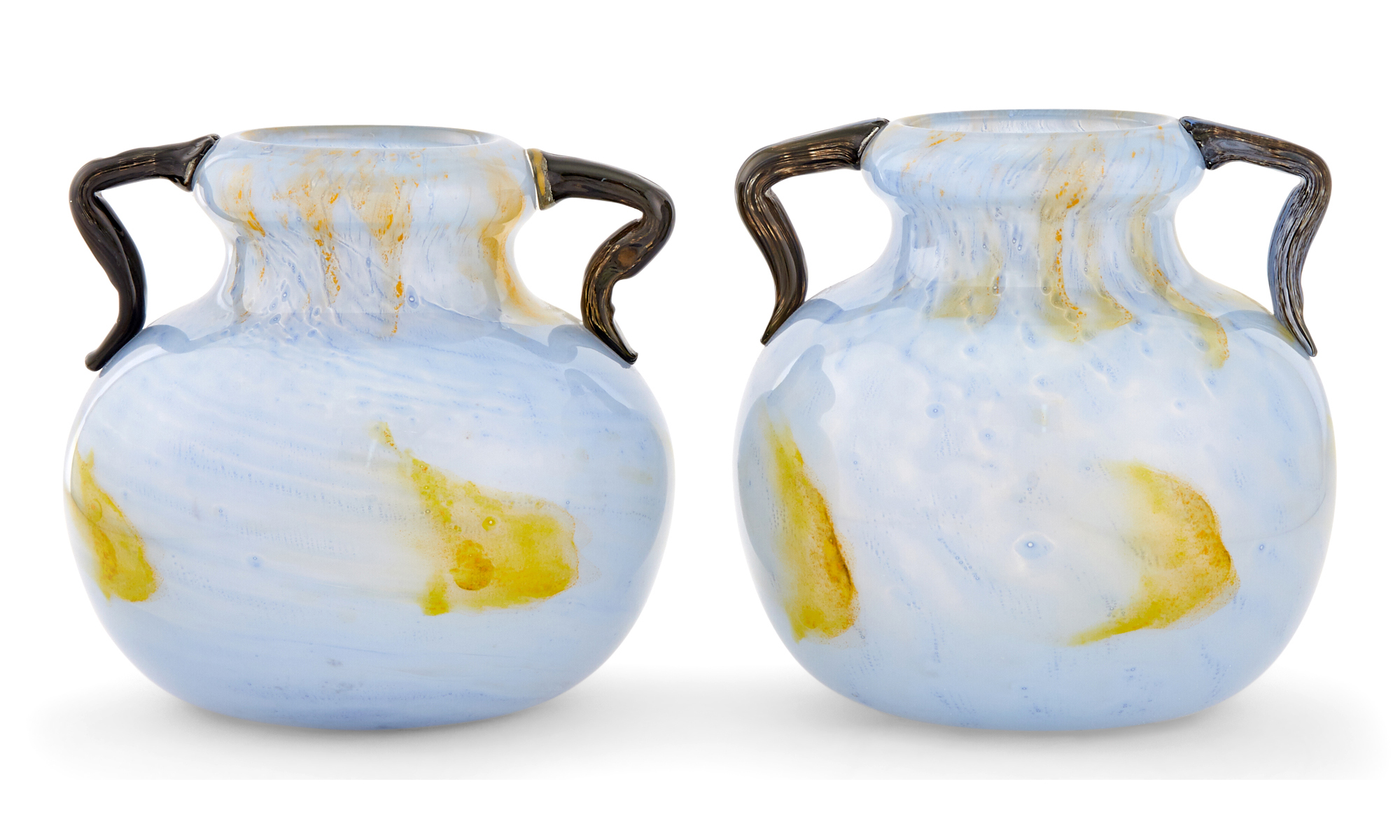 Lot image - Two Similar Kimble Glass Co. Art Deco Cluthra Glass Two-Handled Vases