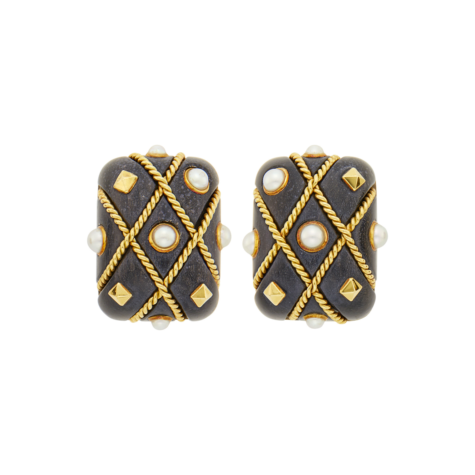 Lot image - Seaman Schepps Pair of Gold, Ebony and Split Pearl Earclips