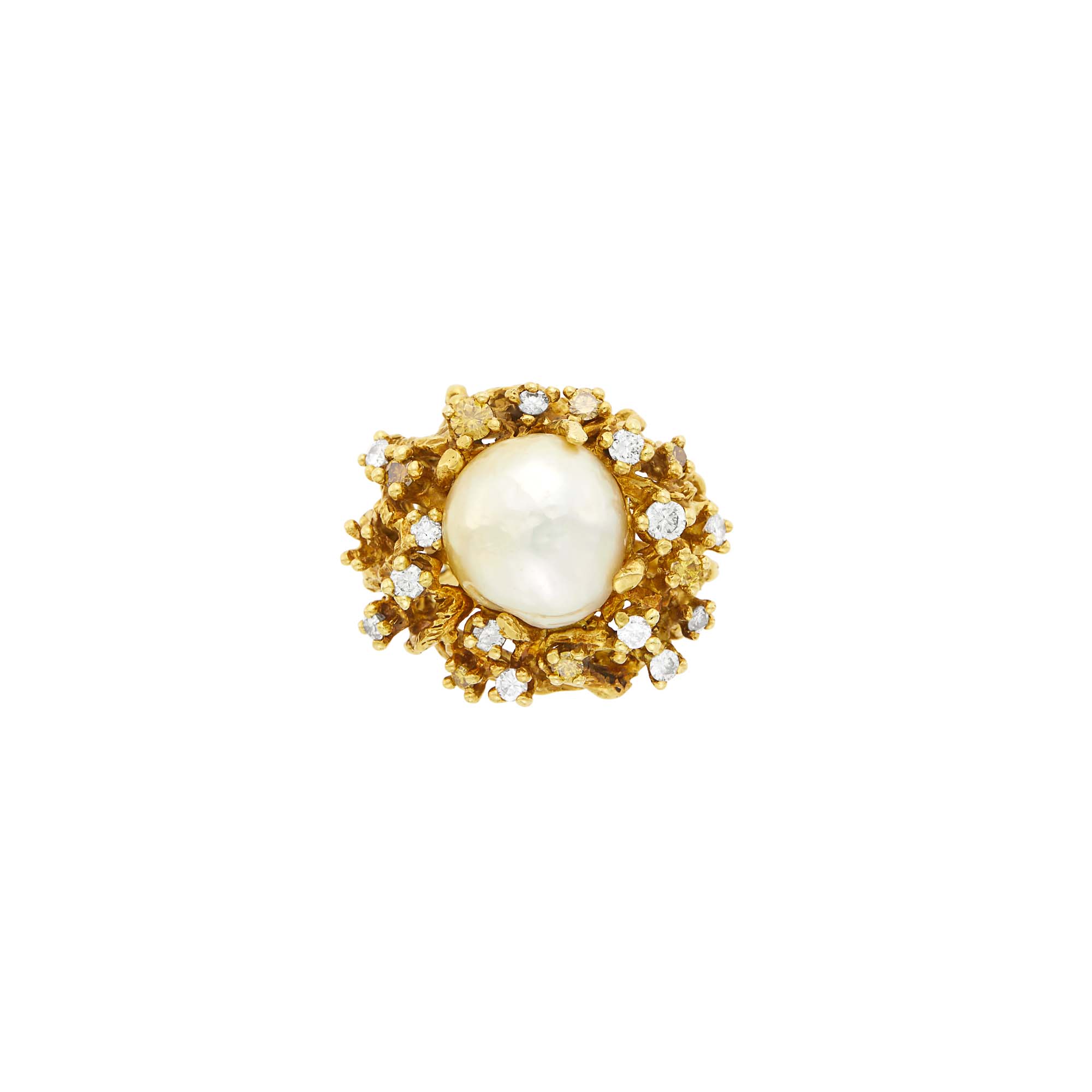 Lot image - Arthur King Gold, Baroque South Sea Cultured Pearl, Diamond and Colored Diamond Ring