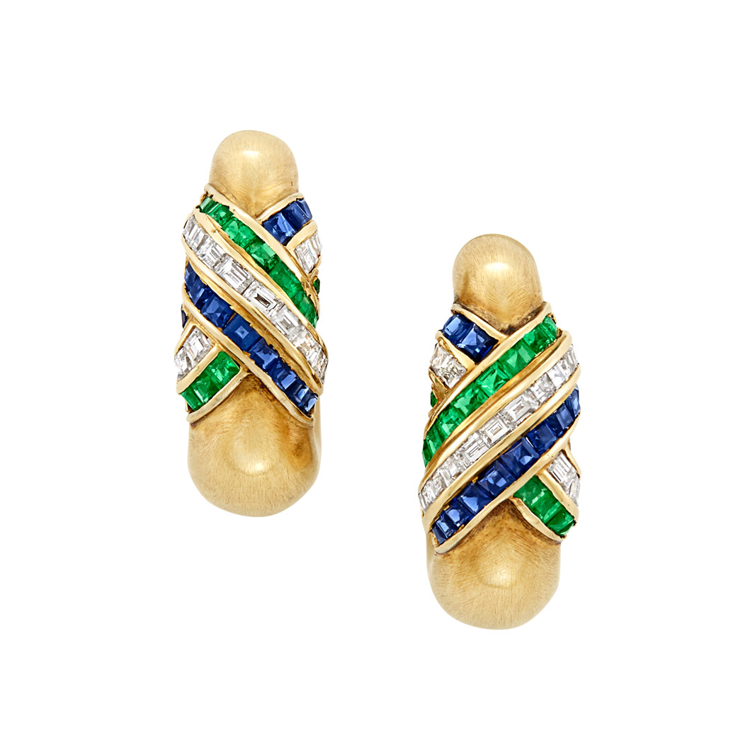 Lot image - Pair of Gold, Diamond, Emerald and Sapphire Earclips