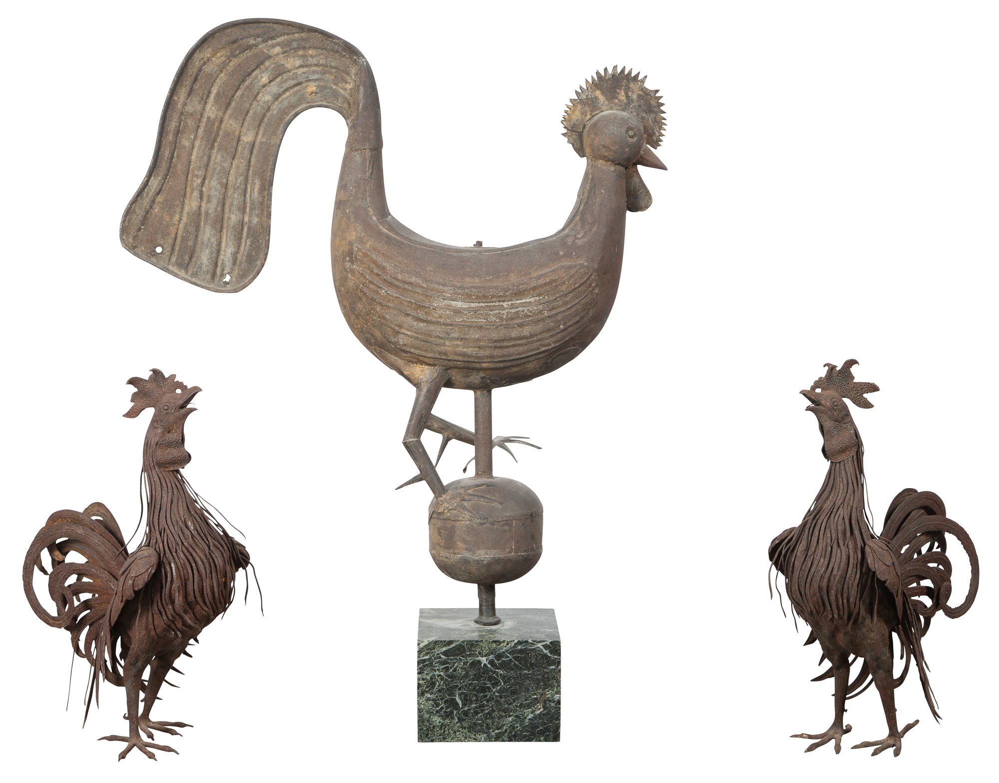 Lot image - Pair of Patinated and Oxidized Metal Figures of Roosters; Together with a Patinated Sheet Metal Rooster-Form Weathervane on a Marble Base
