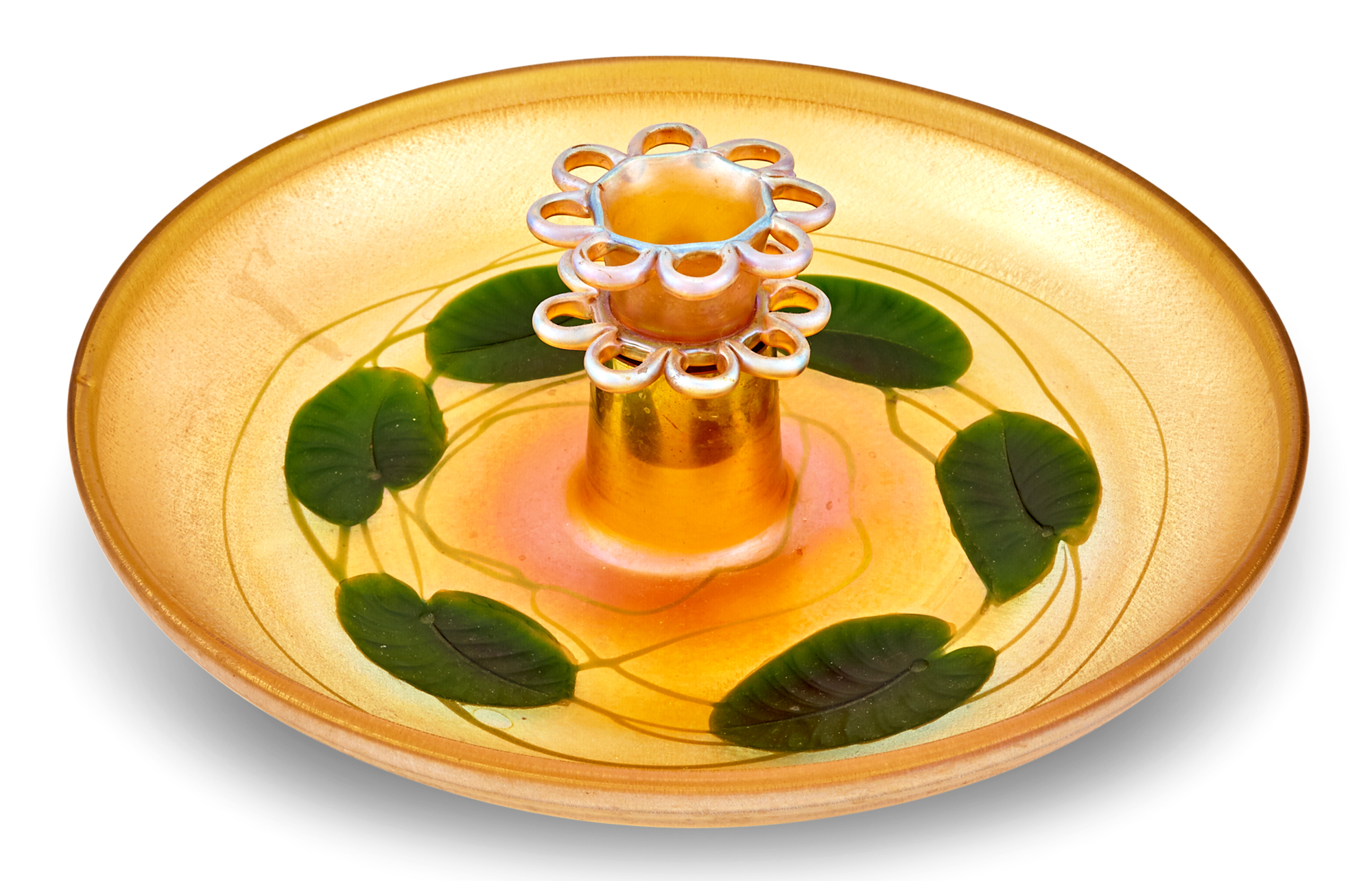 Lot image - Tiffany Wheel-Engraved Gold and Green Favrile Glass Centerpiece with Flower Frog