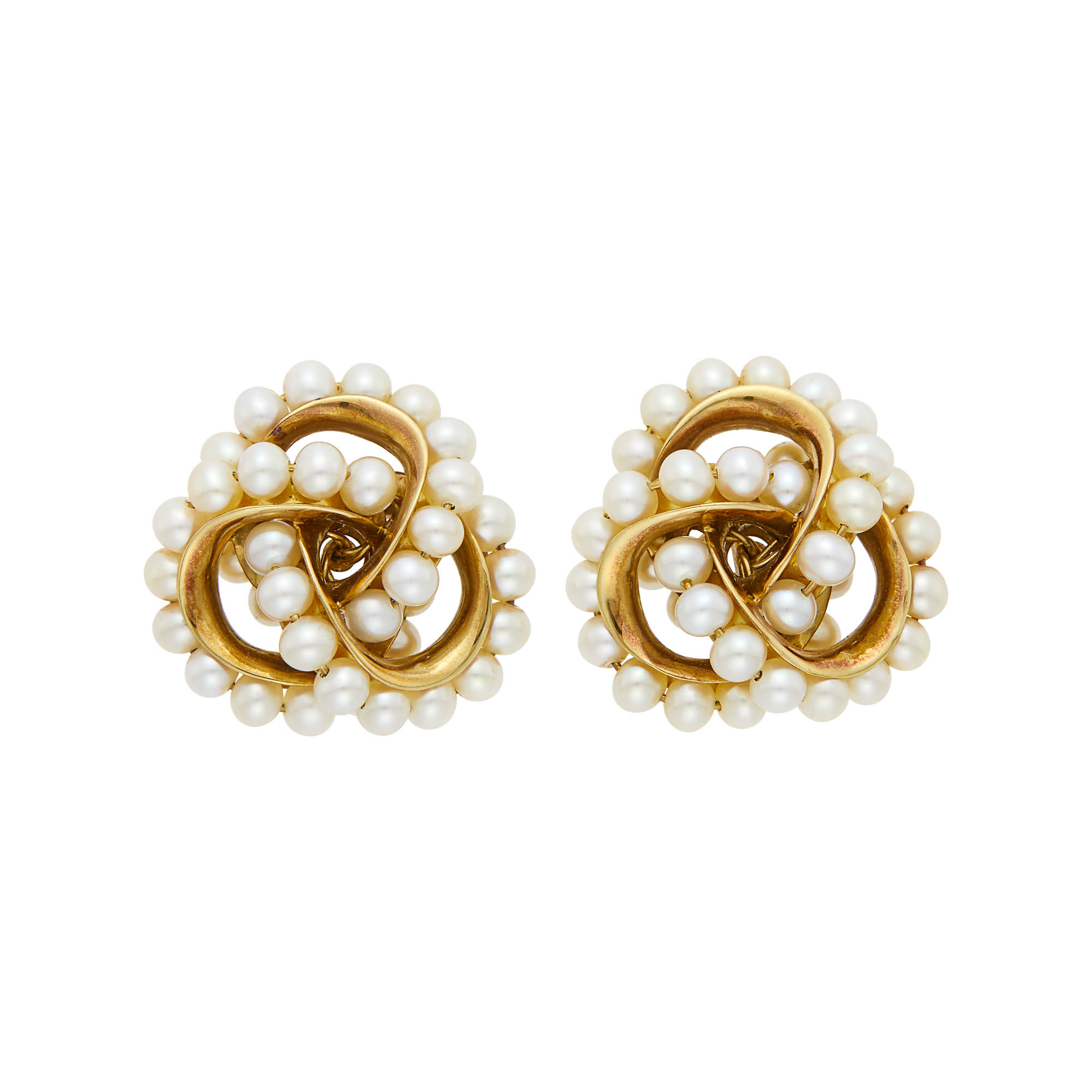 Lot image - Seaman Schepps Pair of Gold and Cultured Pearl Triple Link Earclips