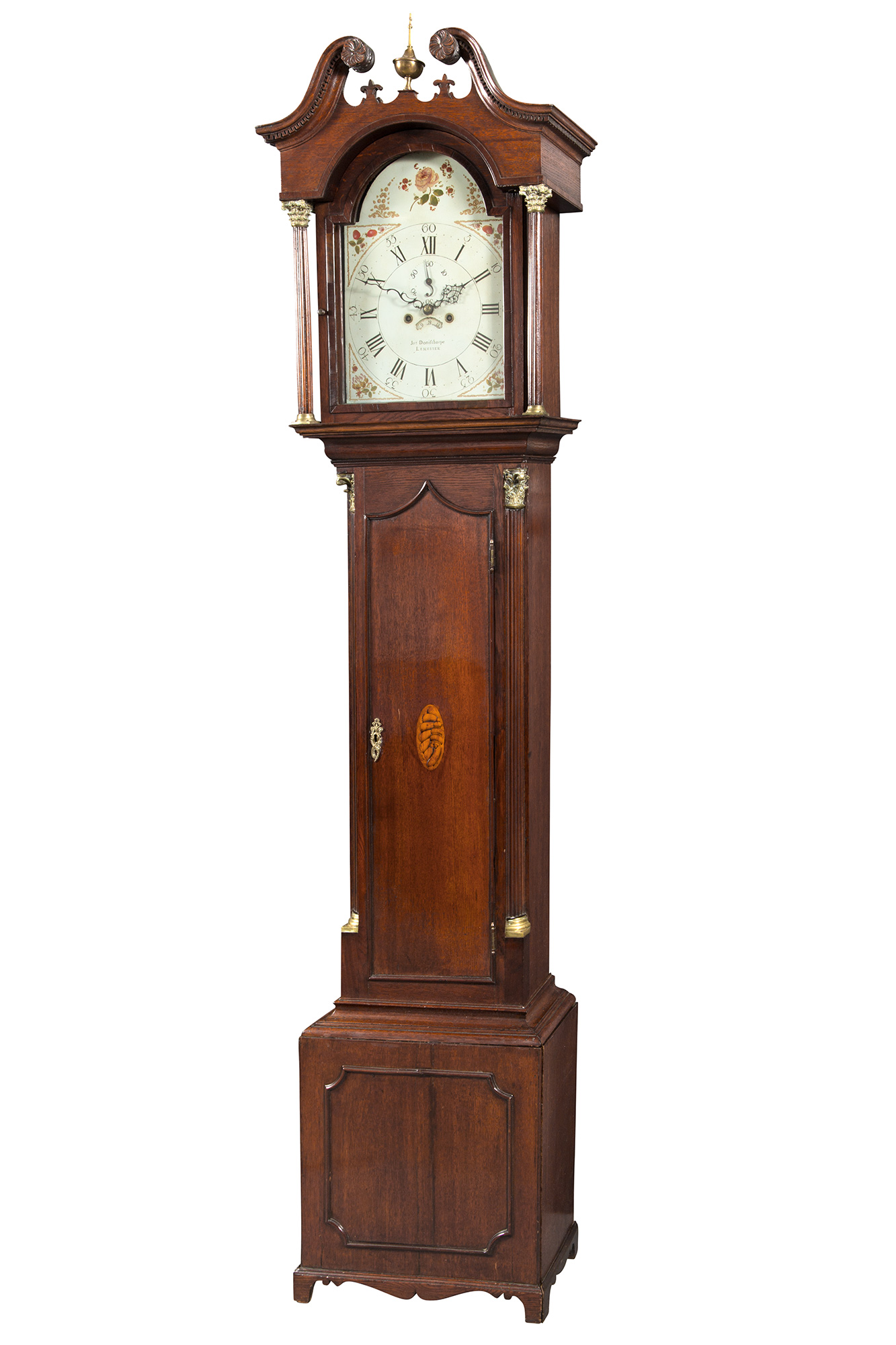 Lot image - George III Inlaid and Brass Mounted Oak Tall Case Clock
