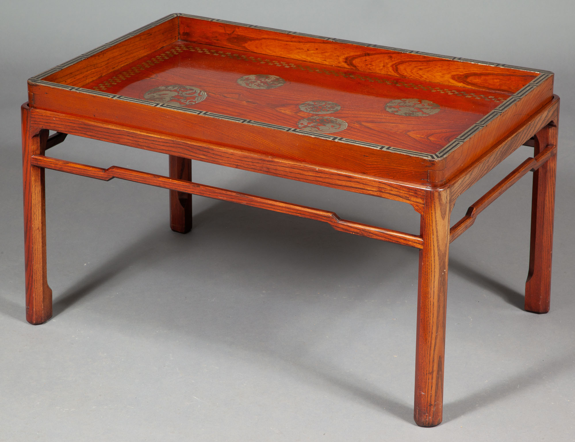 Lot image - Chinese Style Softwood and Silver-Gilt Tray on Stand