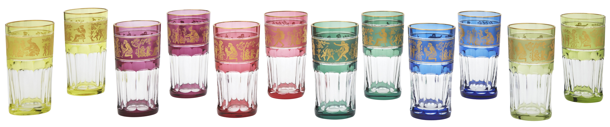 Lot image - Set of Twelve Val St. Lambert Gilt-Decorated Colored Overlay Water Tumblers