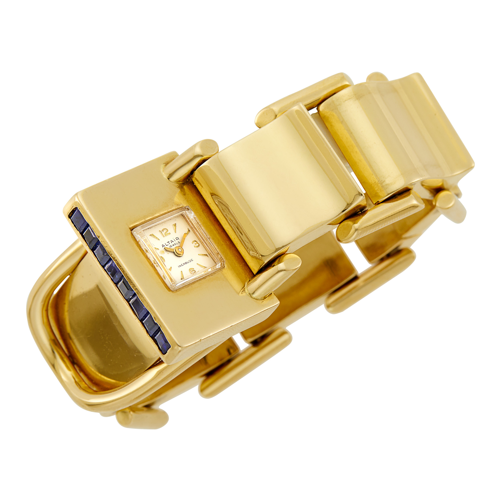 Lot image - Gold and Sapphire Padlock Bracelet-Watch