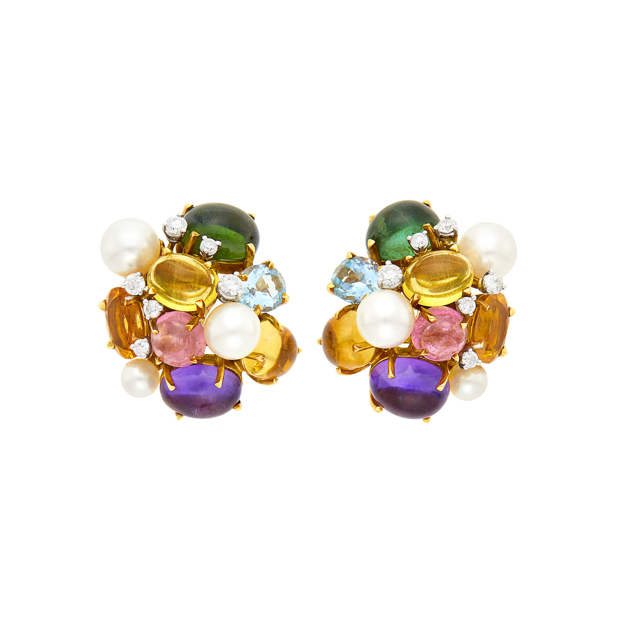 Lot image - Seaman Schepps Pair of Gold, Cabochon Colored Stone, Diamond and Cultured Pearl Bubble Cluster Earclips