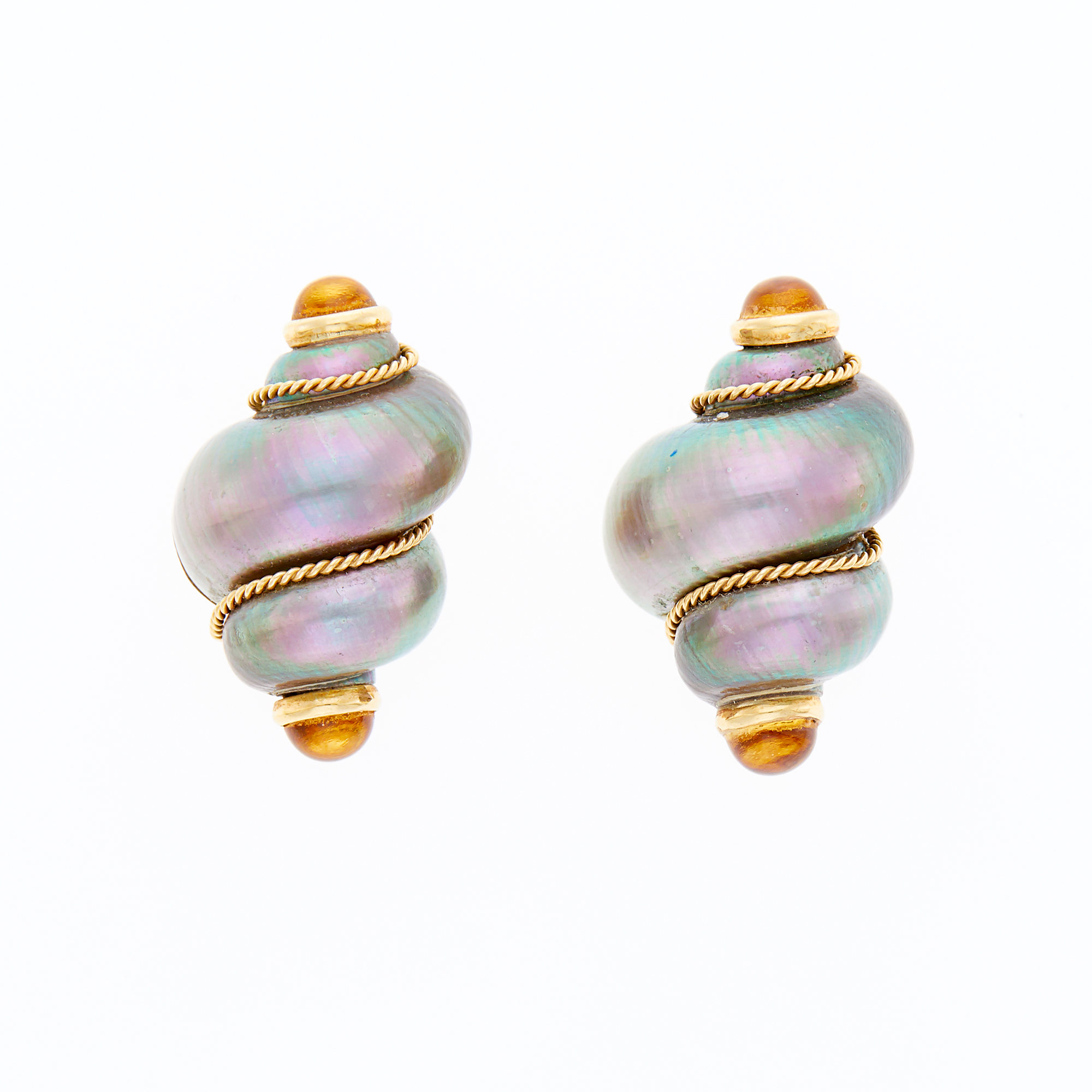 Lot image - Maz Pair of Gold, Gray Shell and Cabochon Citrine Earclips