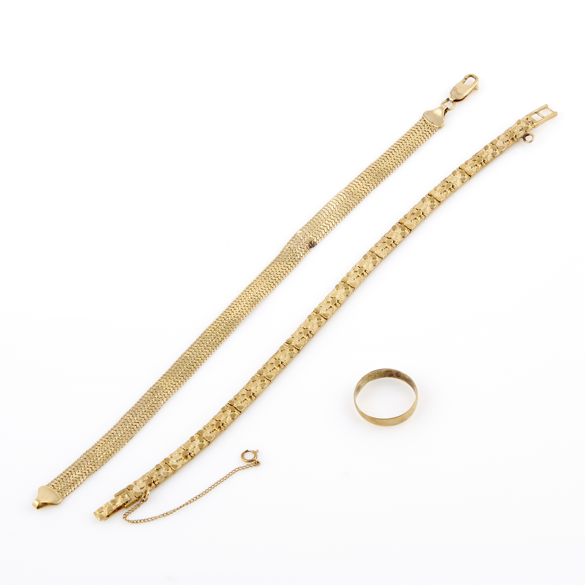 Lot image - Two Gold Flexible Bracelets and Wedding Ring, 14K 13 dwt., damaged