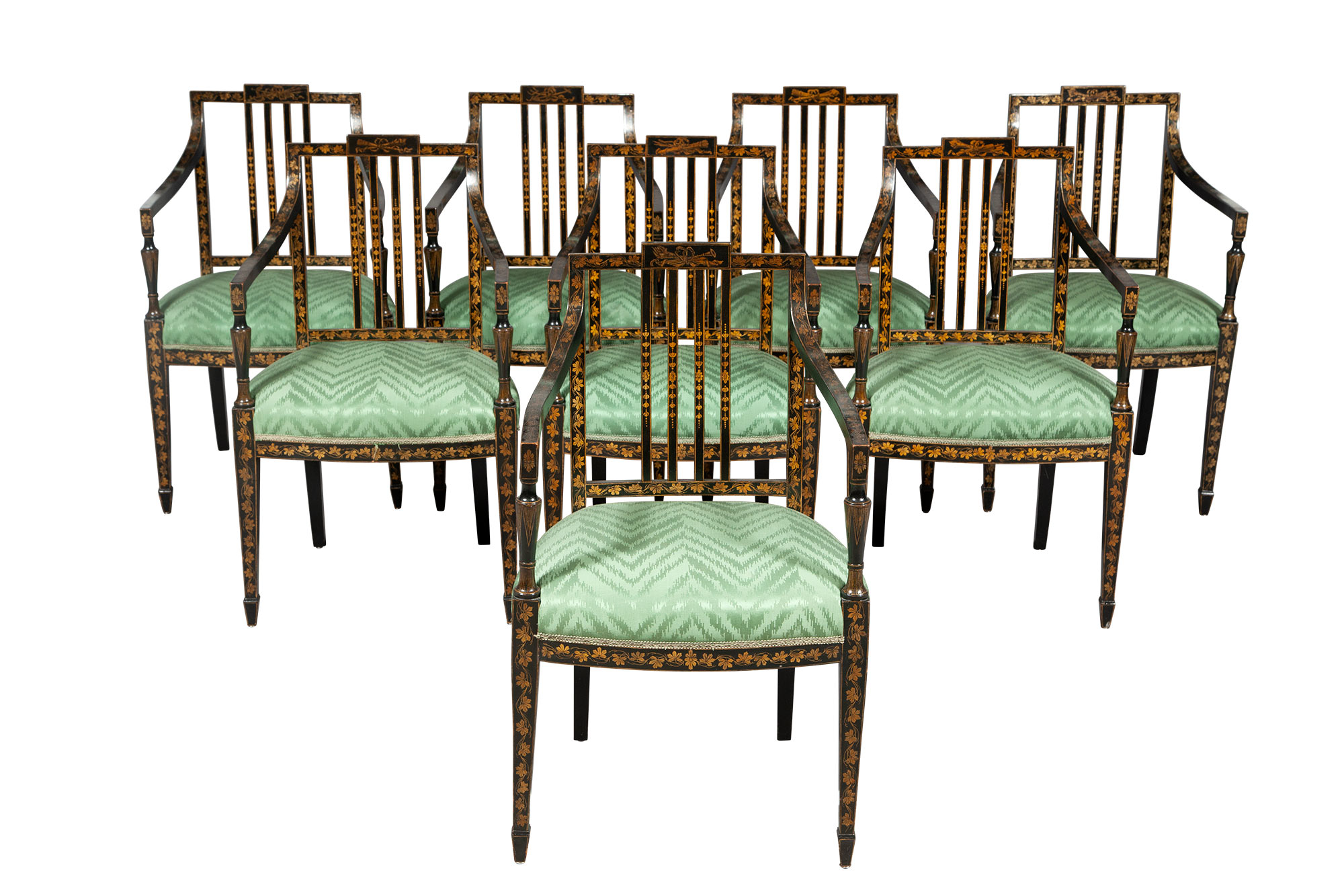 Lot image - Set of Eight George III Style Black-Japanned and Parcel-Gilt Armchairs
