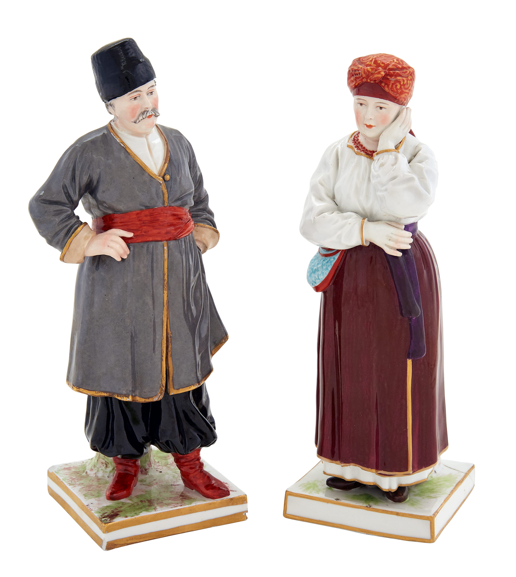 Lot image - Pair of Russian Porcelain Figures of a Malorussian [Ukrainian] Man and Woman