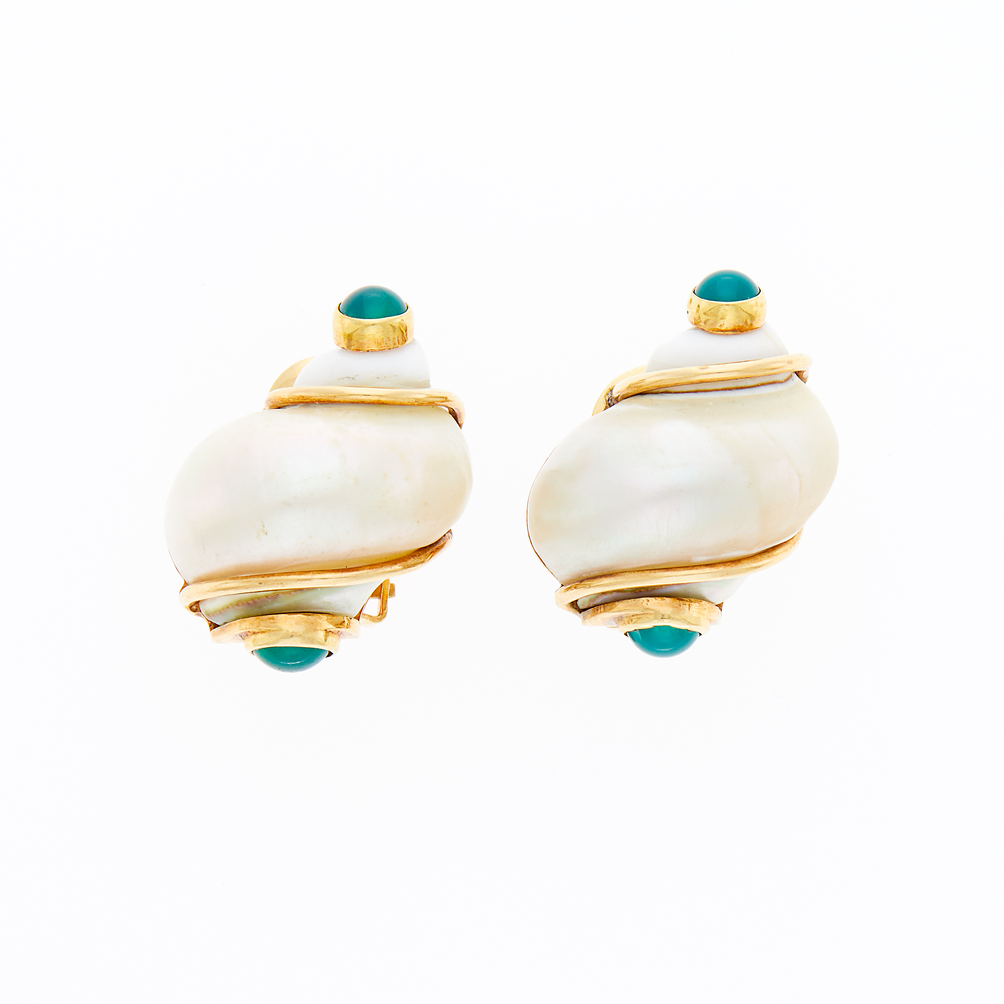 Lot image - Seaman Schepps Pair of Gold, Shell and Green Onyx Turbo Shell Earclips