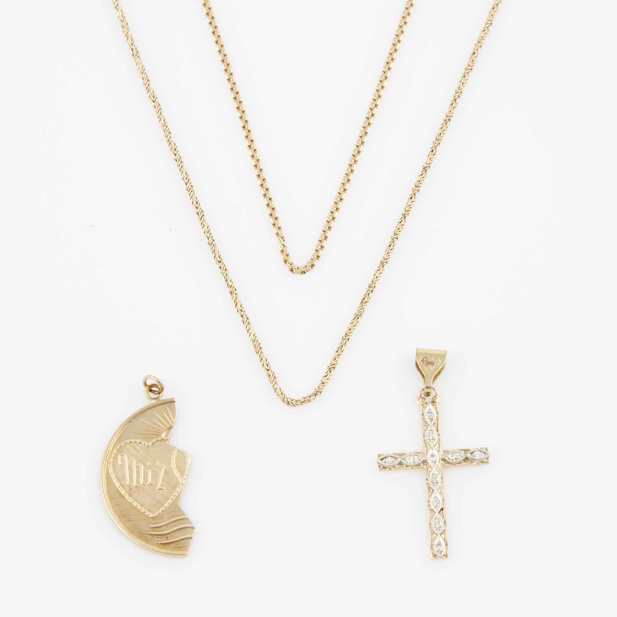 Lot image - Diamond Pendant, Gold Pendant and Two Neck Chains, 14K 8 dwt., damaged