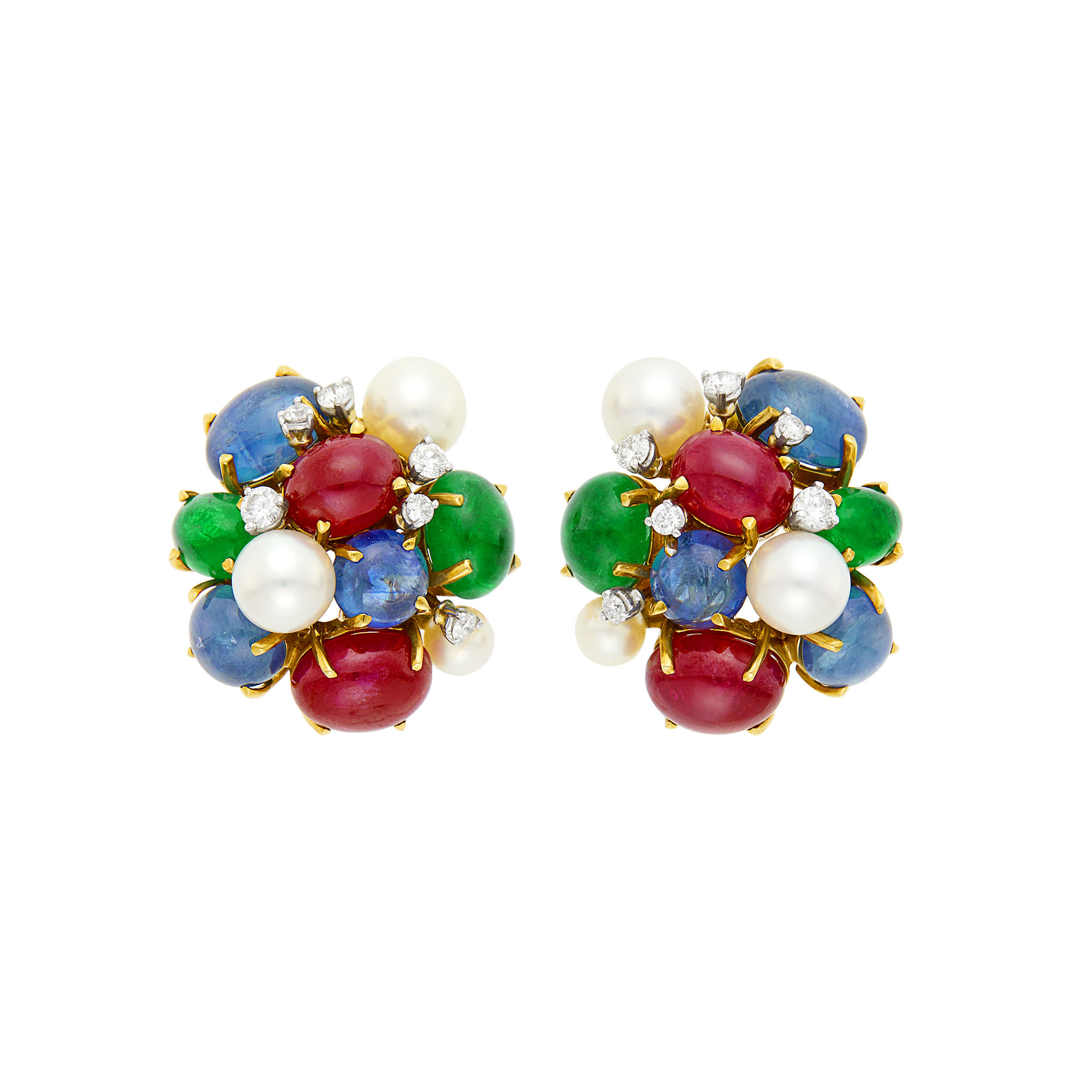 Lot image - Seaman Schepps Pair of Cabochon Colored Stone, Cultured Pearl and Diamond Bubbles Cluster Earclips