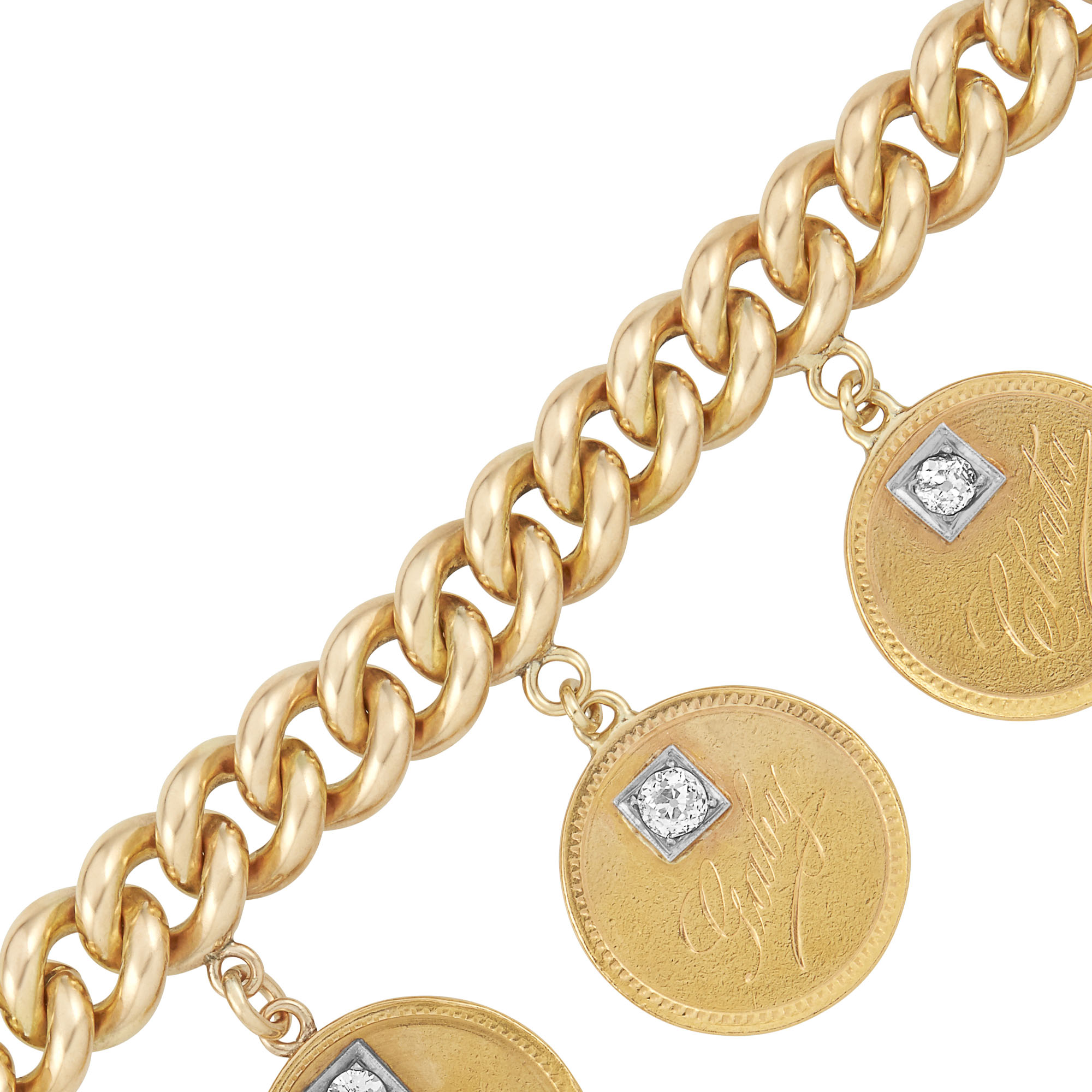 Lot image - Gold Link Bracelet with Gold and Diamond Charms