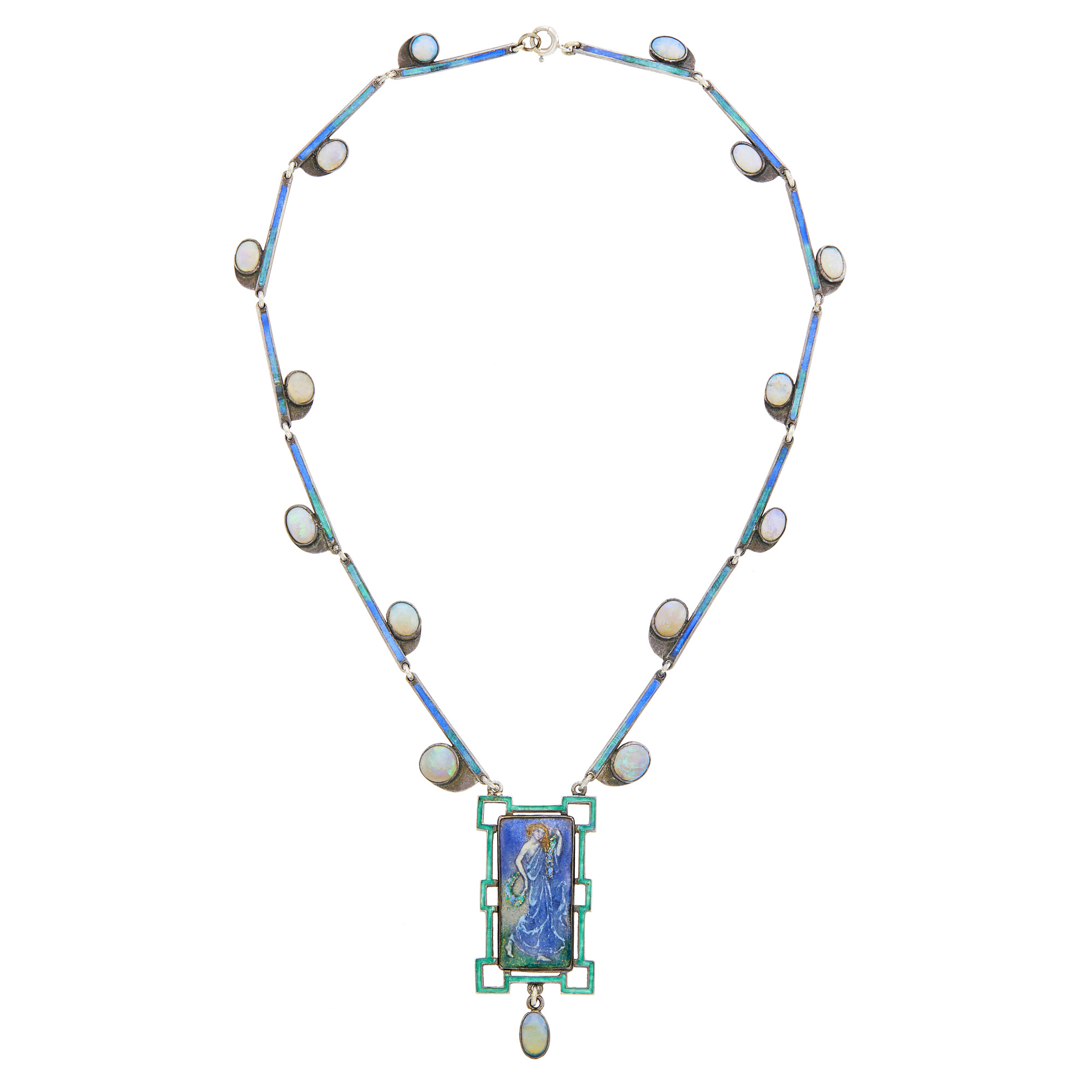 Lot image - Fredrick James Partridge Arts & Crafts Silver, Polychrome Enamel and Opal Pendant-Necklace