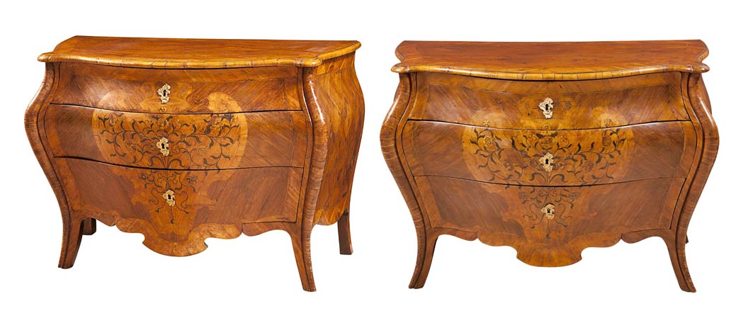 Lot image - Pair of Swedish Neoclassical Kingwood and Tulipwood Parquetry and Marquetry Commodes