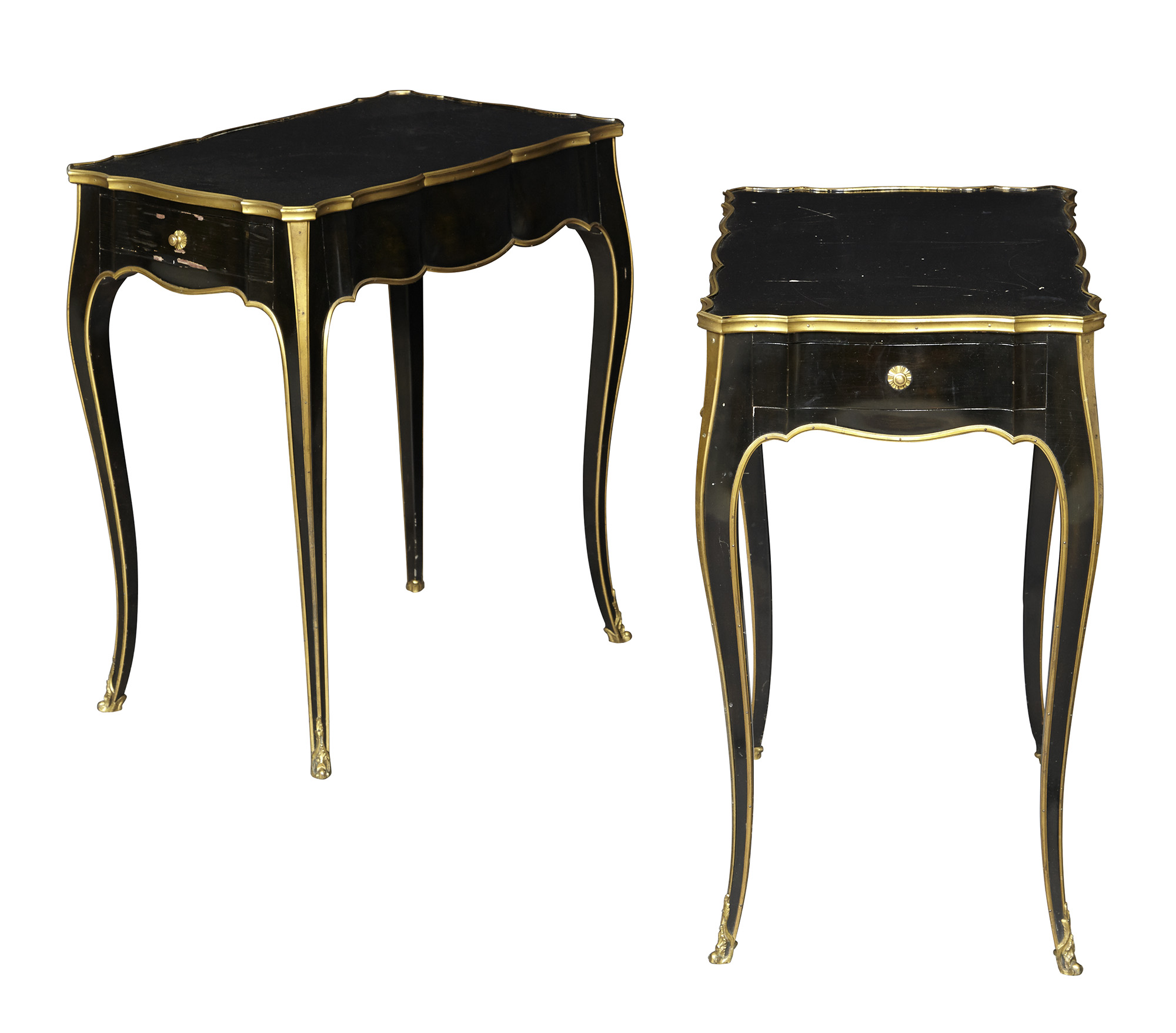 Lot image - Pair of Maison Jansen Louis XV Style Gilt Metal Mounted Black Painted Wood Side Tables
