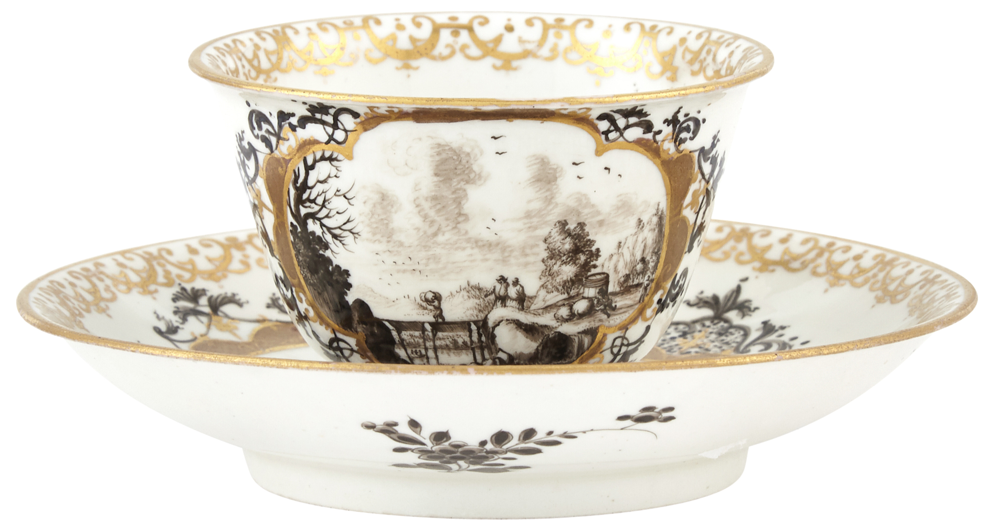 Lot image - Meissen Porcelain Black and Gilt Decorated Teabowl and Saucer