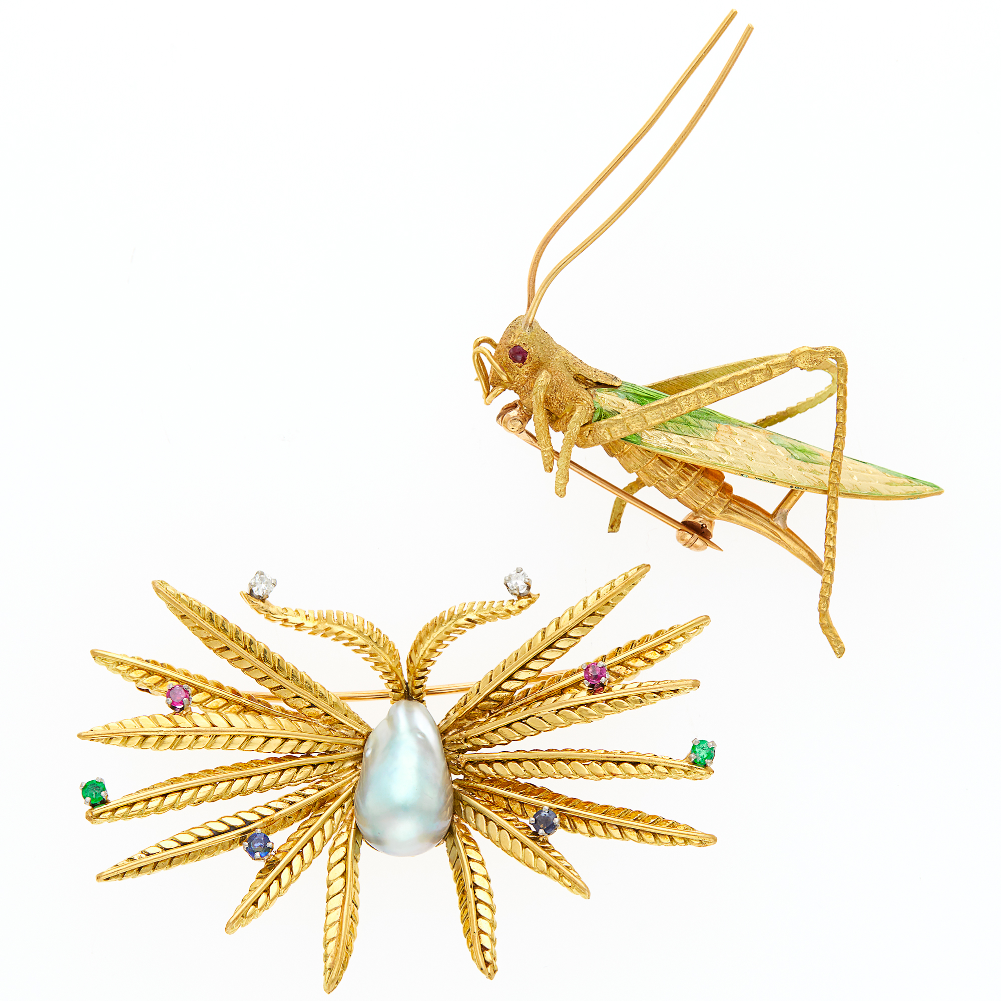 Lot image - Two Gold, Baroque Cultured Pearl, Colored Stone, Diamond and Enamel Grasshopper and Butterfly Brooches