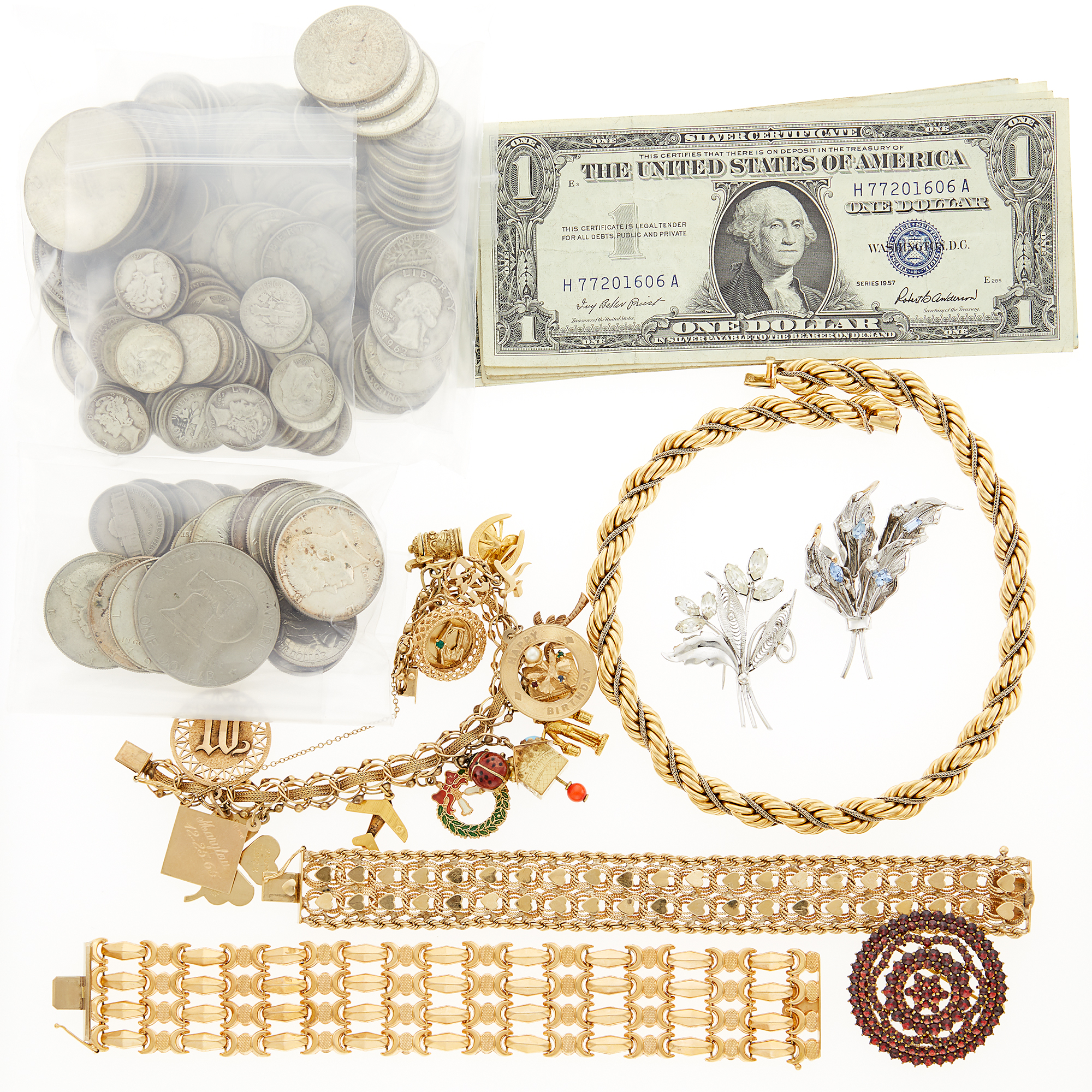 Lot image - Group of Jewelry and United States Coins and Banknotes
