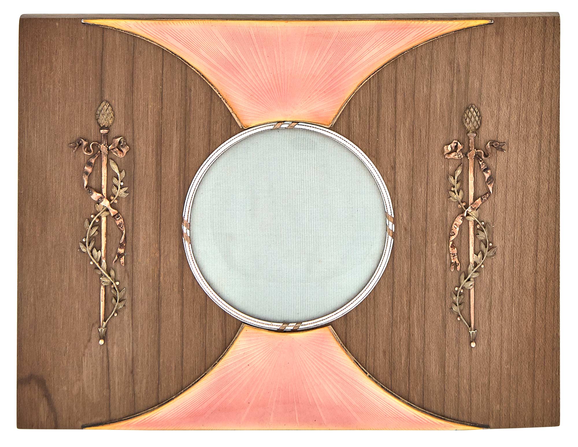 Lot image - Important Fabergé Two-Color Gold Mounted and Enameled Sandalwood Photograph Frame