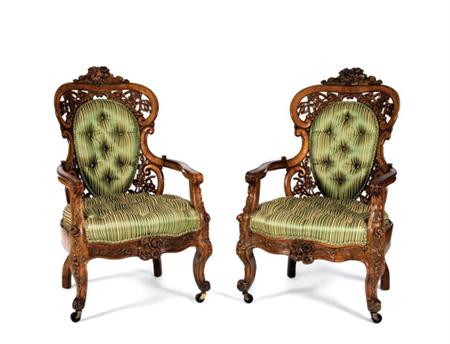 Lot image - Pair of Rococo Revival Laminated Rosewood Open Armchairs