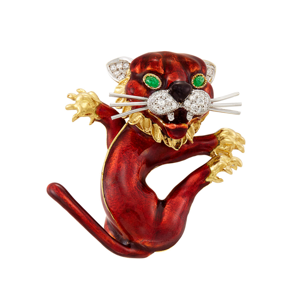 Lot image - Two-Color Gold, Red Enamel, Diamond and Cabochon Emerald Lion Cub Clip-Brooch, Kutchinsky