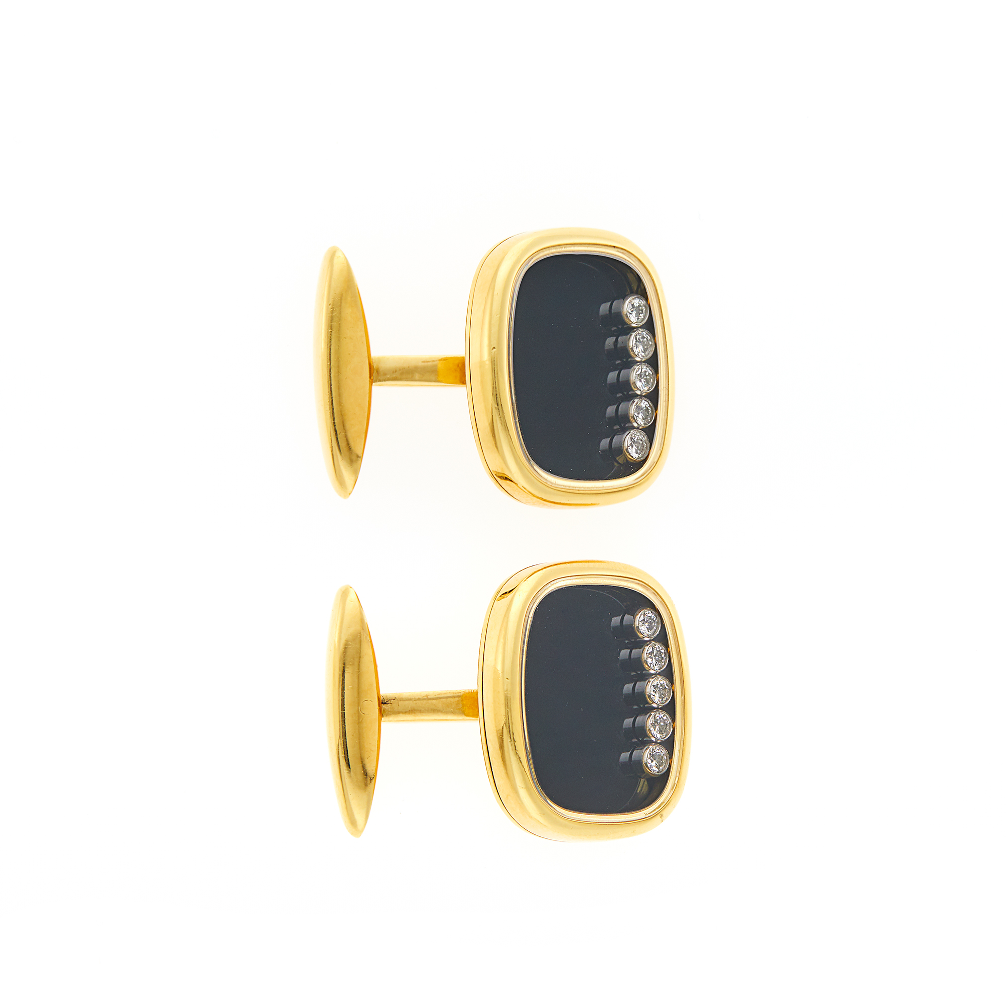 Lot image - Chopard Pair of Gold, Black Onyx and Diamond Happy Diamond Cufflinks