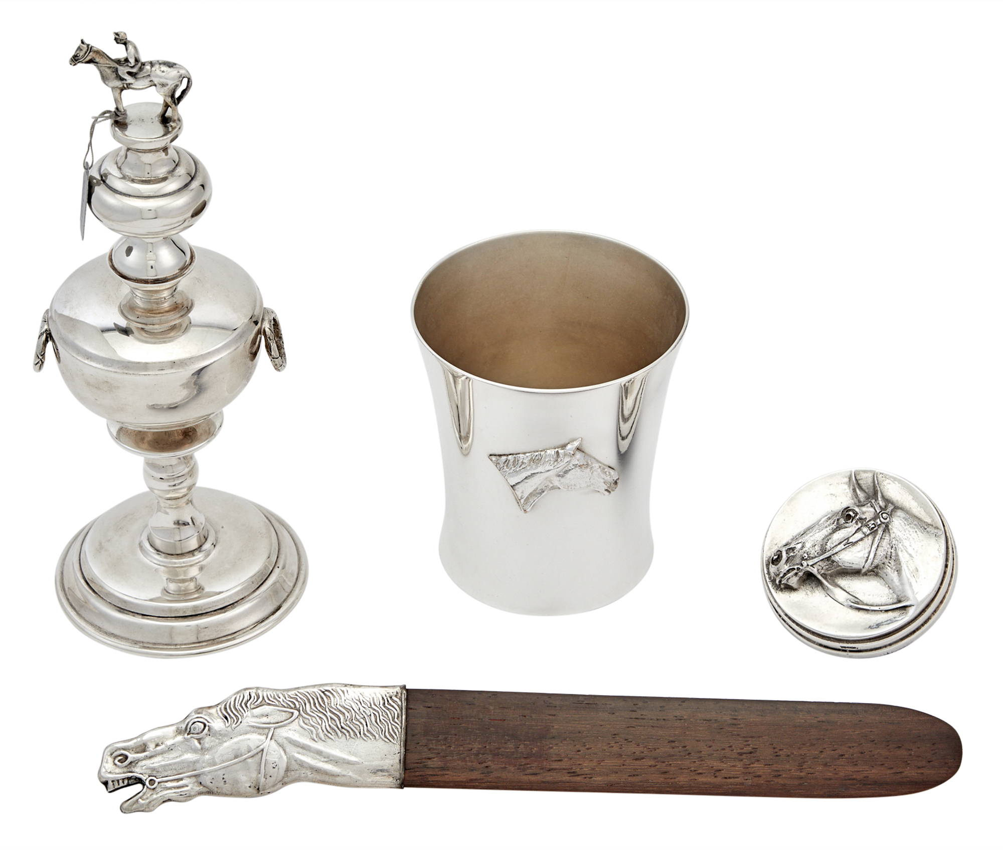 Lot image - Group of Sterling Silver and Silver Plated Equestrian Theme Articles