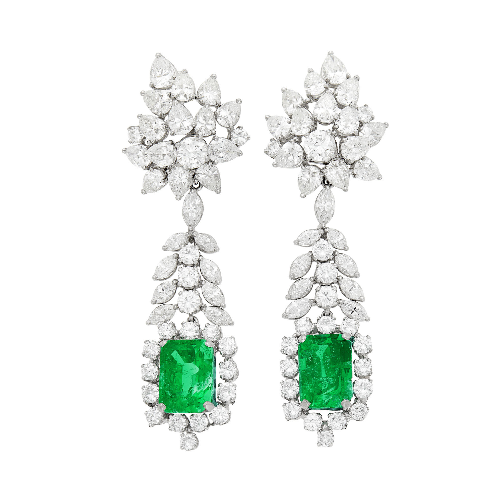 Lot image - Pair of Platinum, Diamond and Emerald Pendant-Earrings
