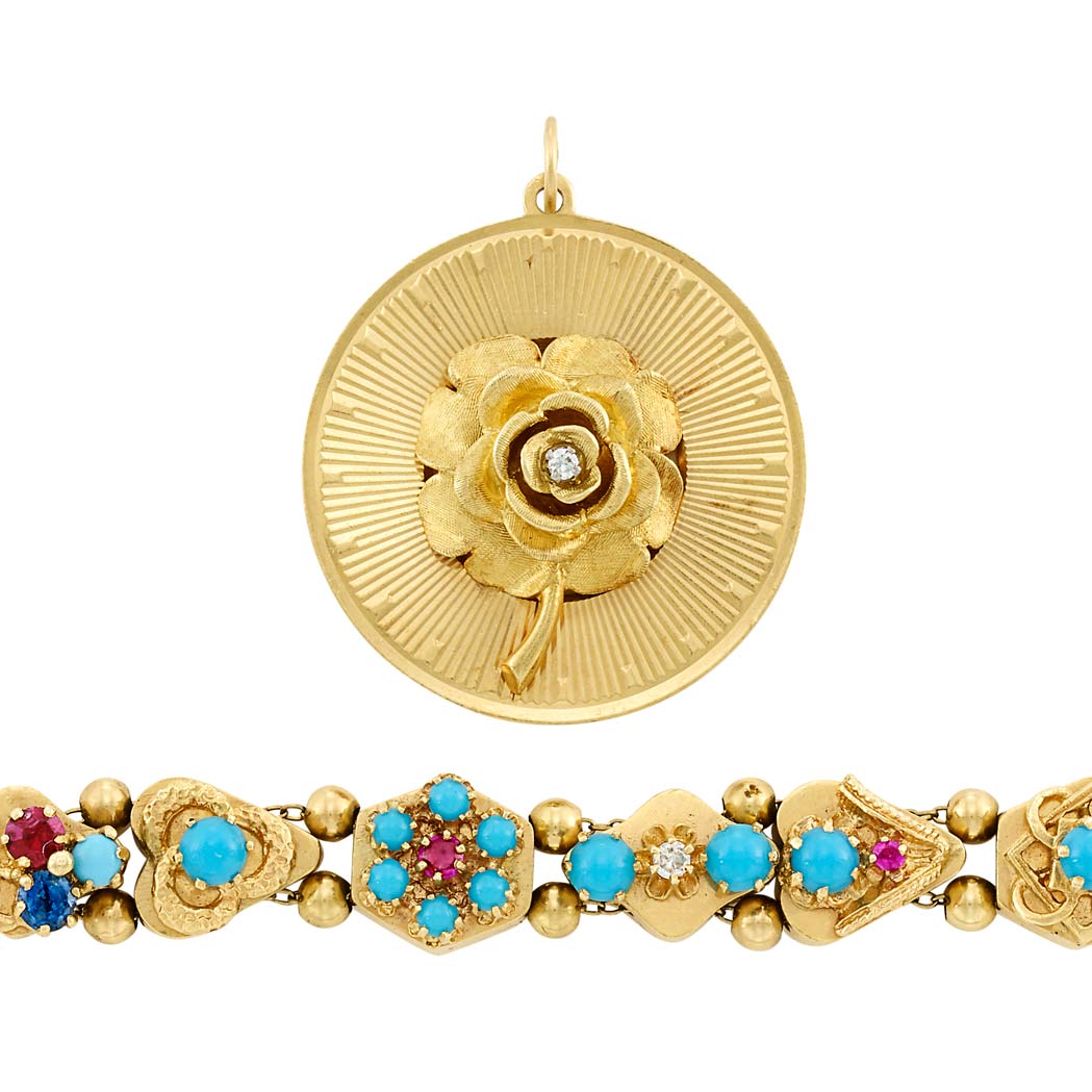 Lot image - Gold, Turquoise, Diamond and Gem-Set Slide Bracelet and Gold and Diamond Rose Charm Pendant