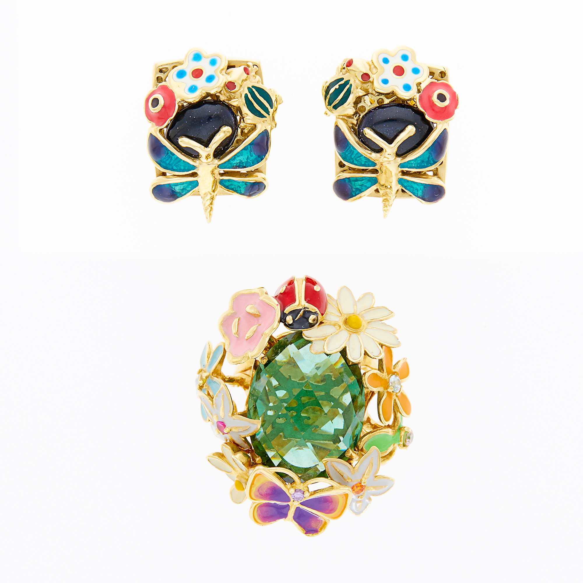 Lot image - Gold, Enamel and Gem-Set Flower and Insect Ring and Pair of Earrings
