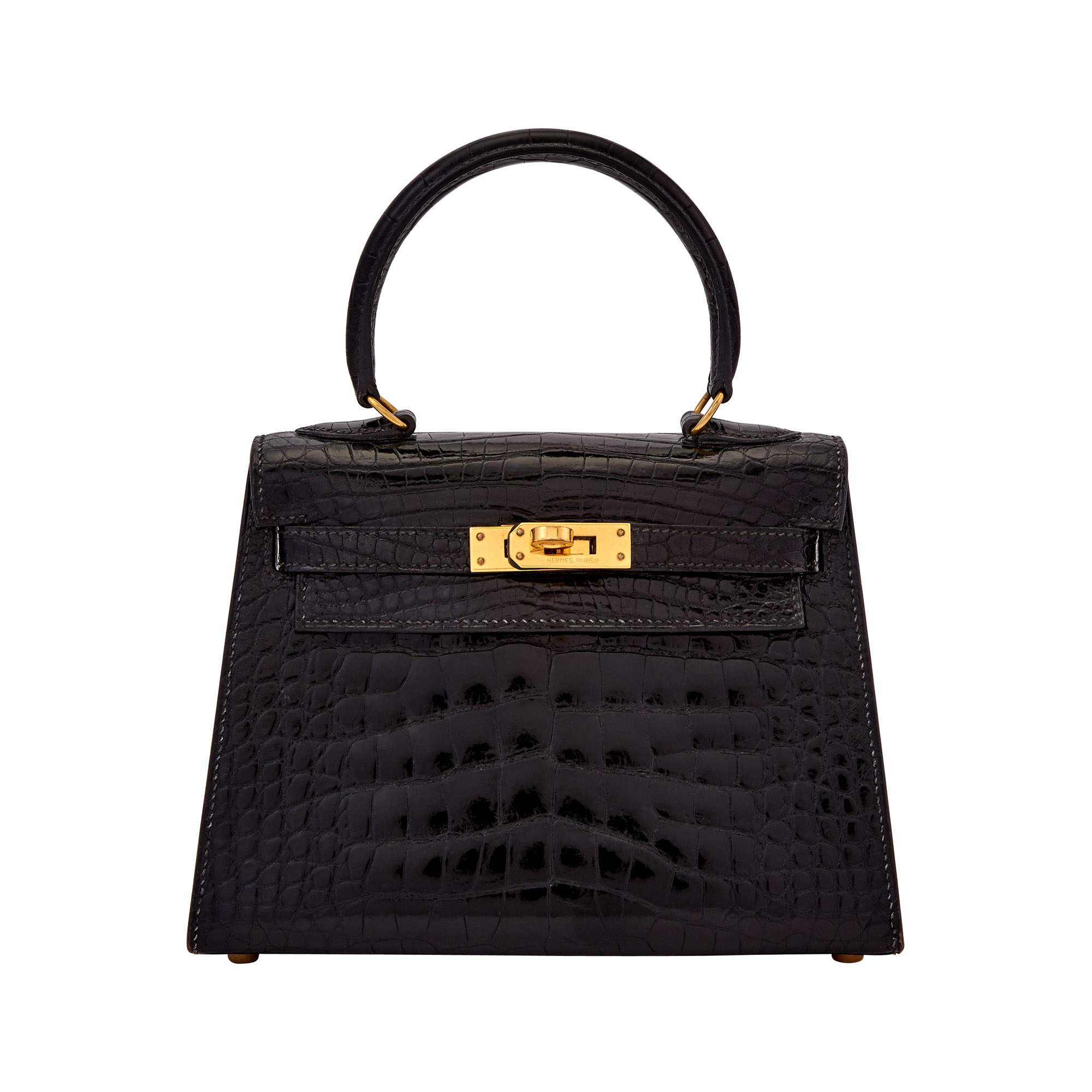 Lot image - Hermès Black Shiny Mississippiensis Alligator Mini Kelly Bag