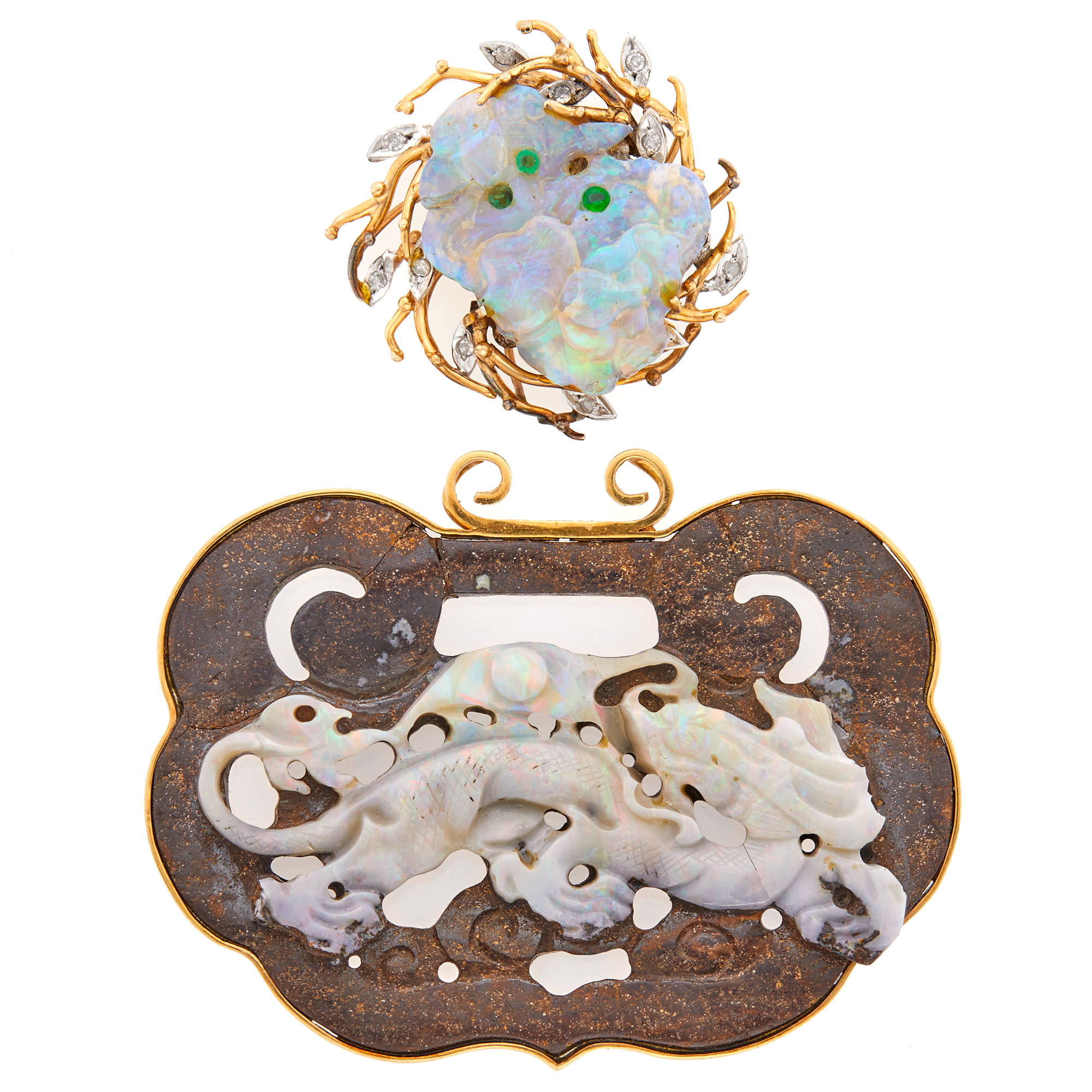 Lot image - Two-Color Gold, Carved Opal, Emerald and Diamond Pendant and Gold and Boulder White Opal Pendant