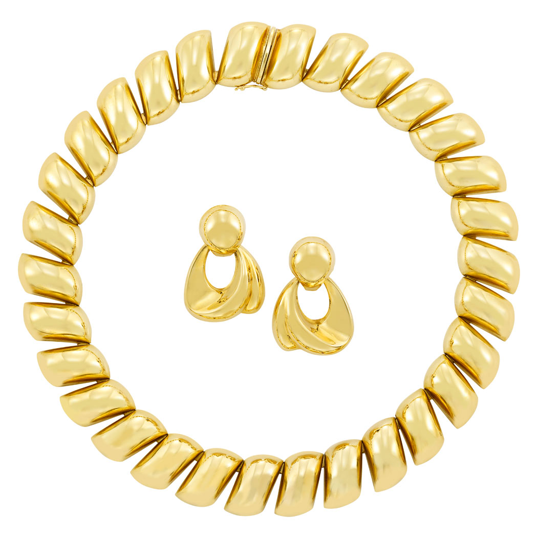Lot image - Gold Necklace and Pair of Pendant-Earrings
