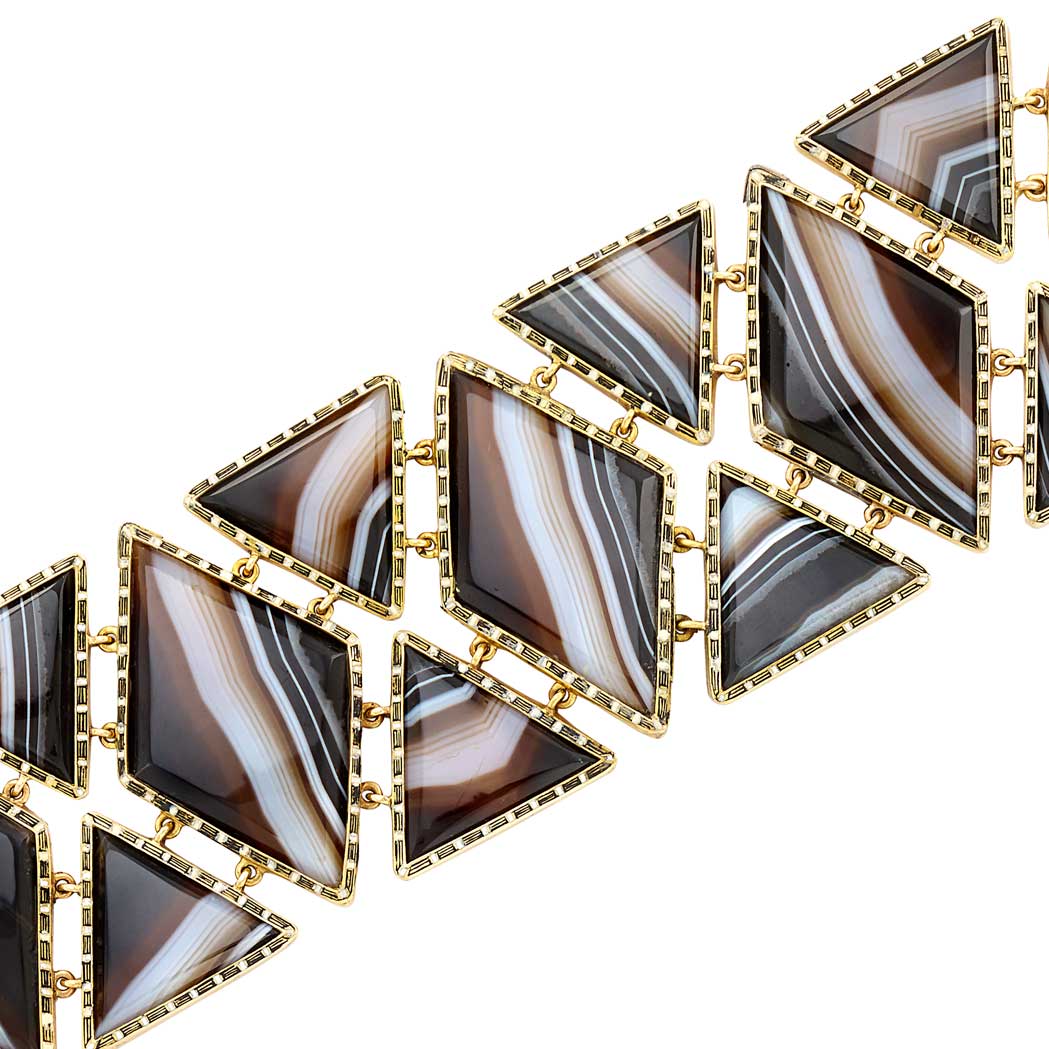 Lot image - Wide Antique Gold, Banded Agate and Enamel Bracelet